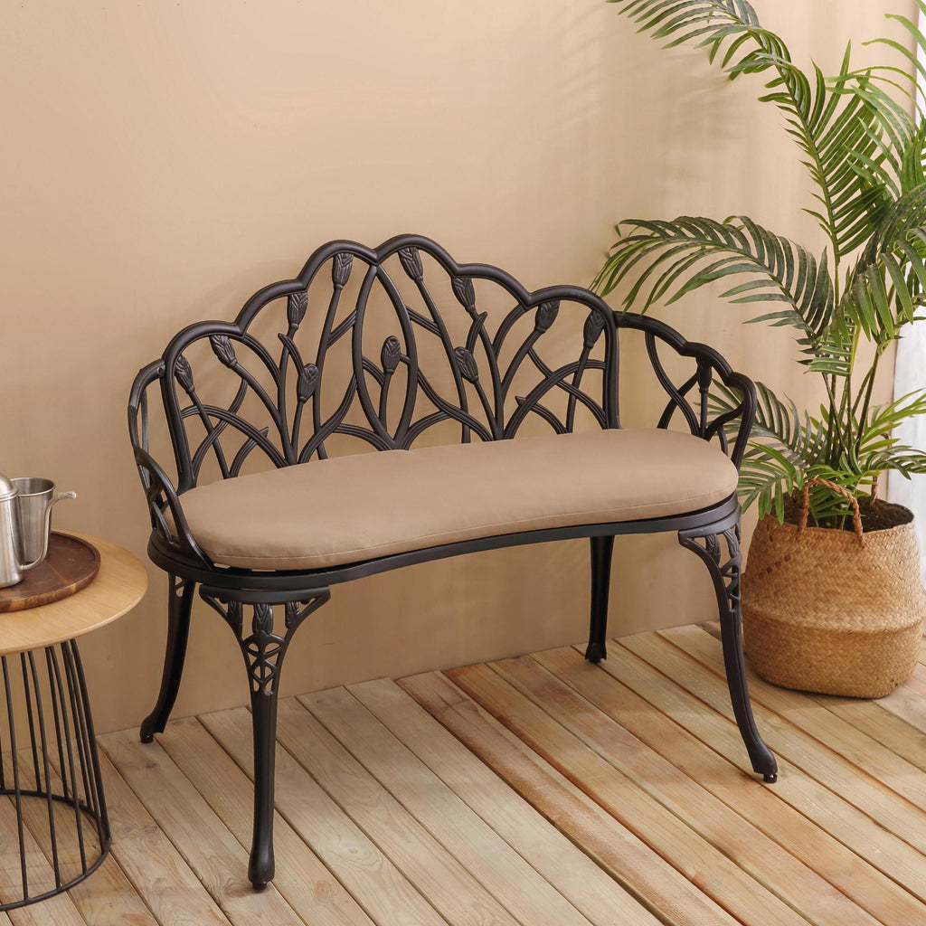 Patio Garden Bench with Floral Tulip Design, Ergonomic Backrest, Elegant Outdoor Park Bench for Lawn, Yard, 39" L x 21.5" W x 31" H, Black