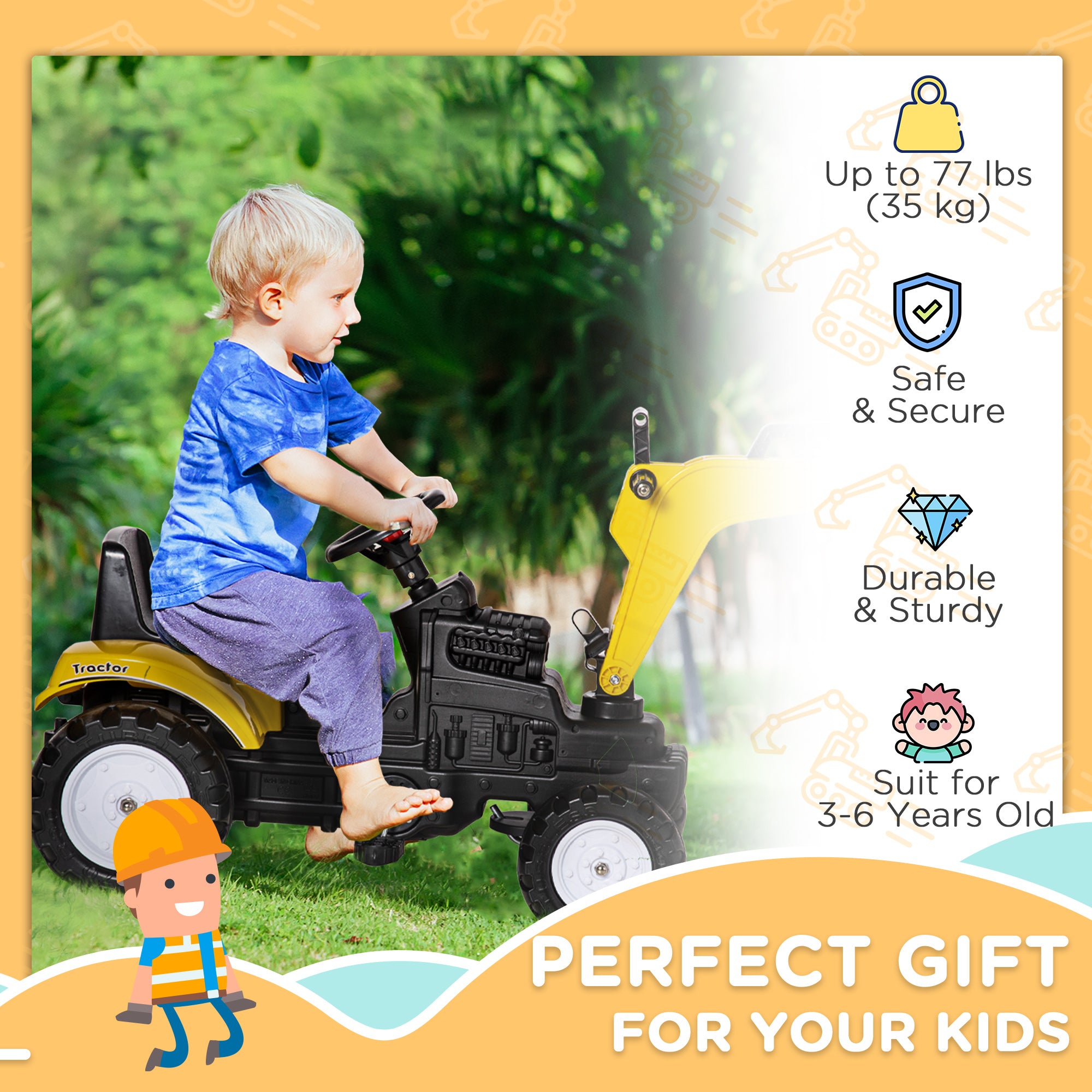 Kids Ride On Excavator, Pedal Digger, Construction Truck with Horn for Kids and Toddlers 3+, Yellow