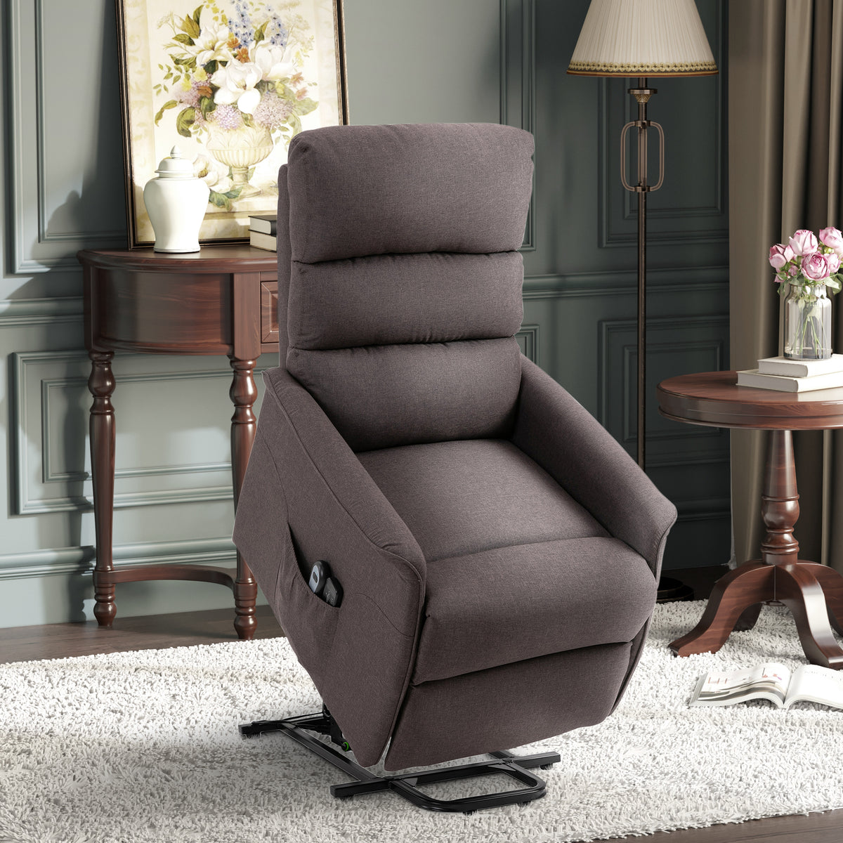 Power Lift Assist Recliner Chair for Elderly with Remote Control, Linen Fabric Upholstery, Brown