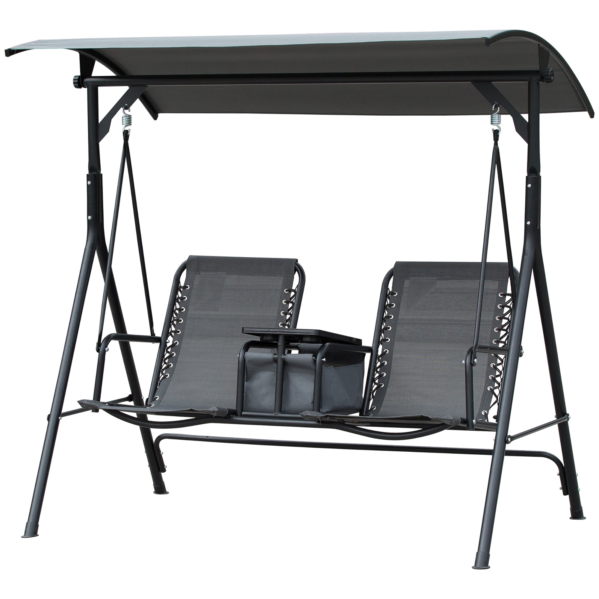 2-Seat Outdoor Porch Swing, with Pivot Storage Table, Cup Holder, & Adjustable Overhead Canopy, Stand's Skid-Resistant Feet Pad, Breathable Mesh Seat, Steel Frame, for Patio, Gray