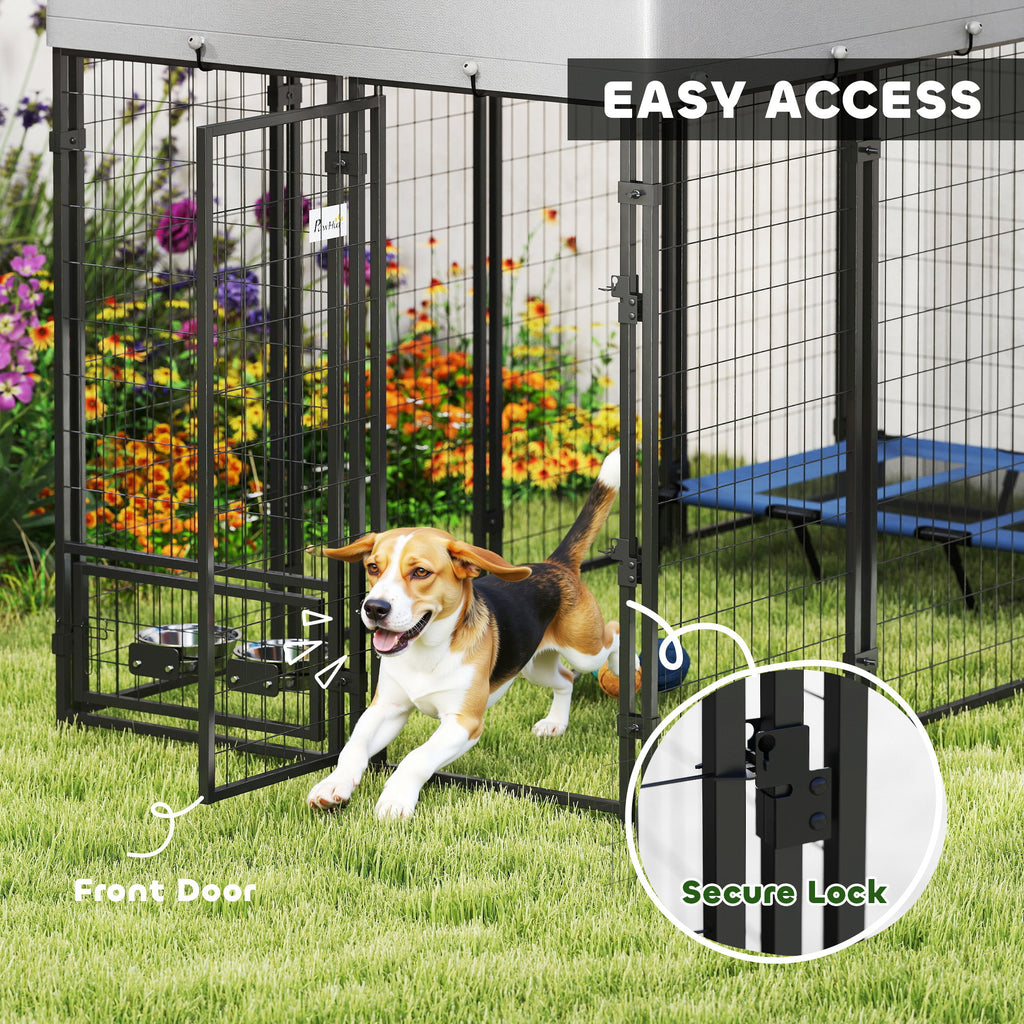8' x 4' x 6' Outdoor Dog Kennel, Dog Kennel Outside Run with 360° Rotating Bowls, Waterproof & UV Resistant Cover