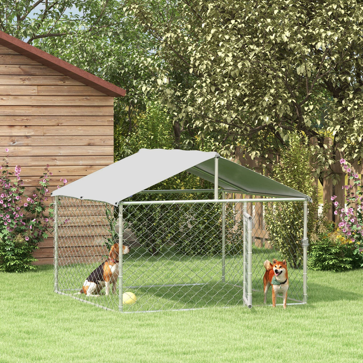 6.6' x 6.6' x 4.9' Dog Kennel Outdoor for Small Medium Dogs with Waterproof Roof, Silver