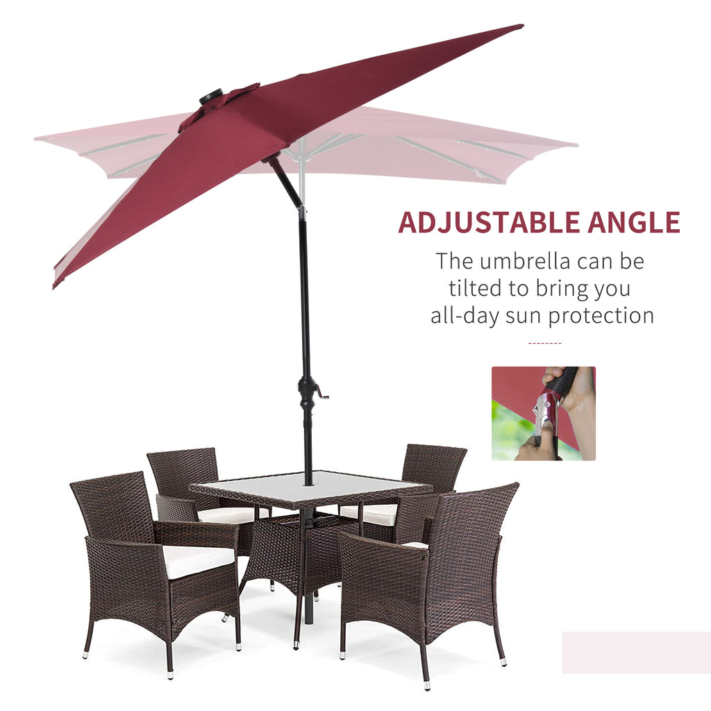9' x 7' Solar Umbrella, LED Lighted Patio Umbrella for Table or Base with Tilt & Crank, Outdoor Umbrella for Garden, Deck, Backyard, Pool, Beach, Wine Red