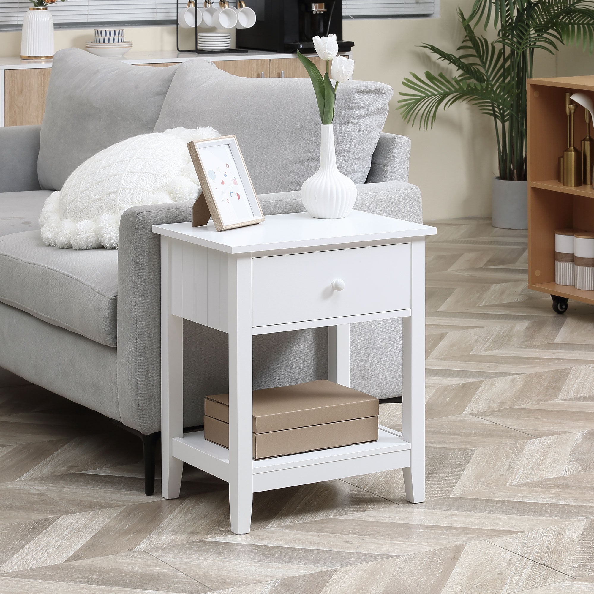 Modern Side Table for Living Room, End Table, 2-tier Side Table with Drawer and Storage Shelf, White