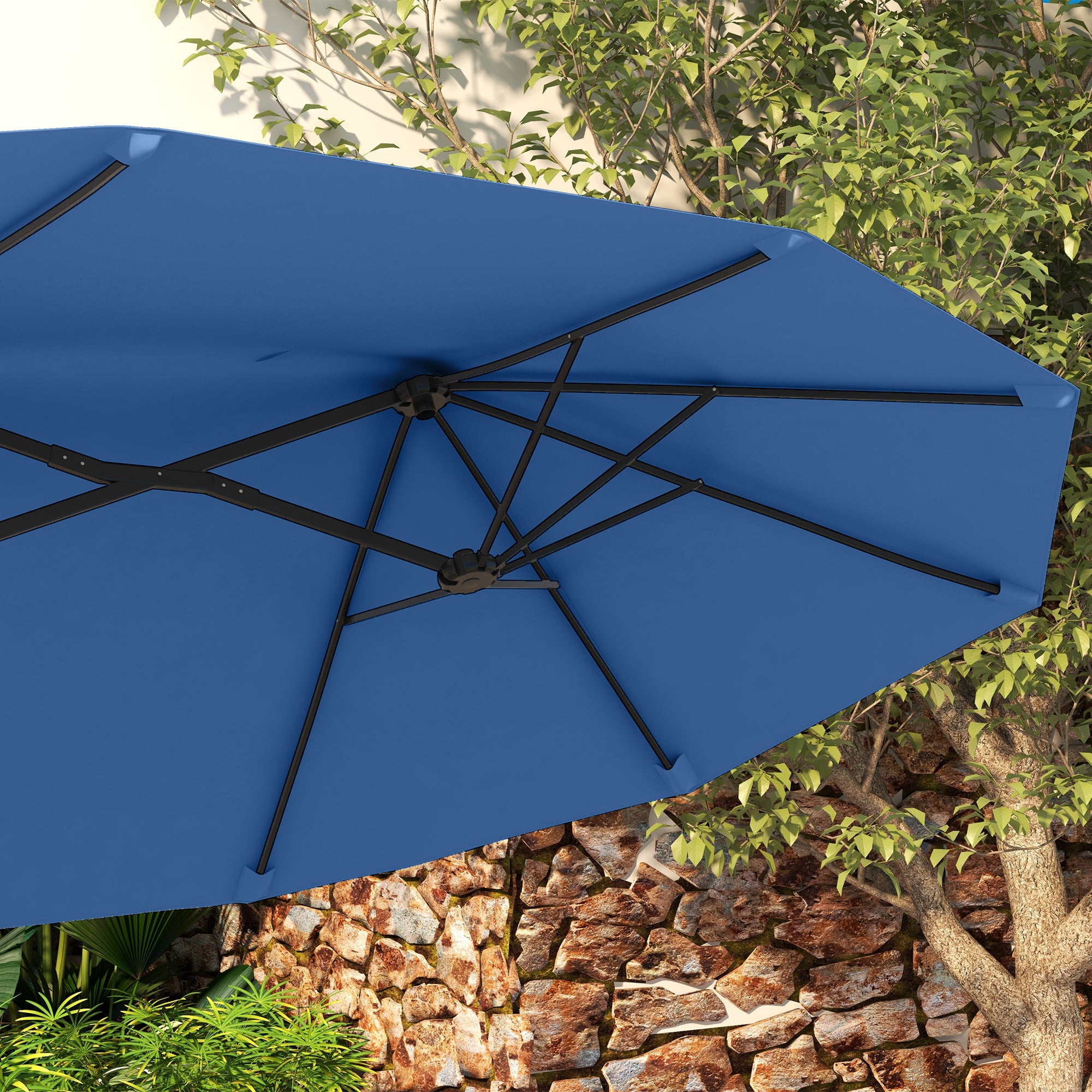 Double-sided Patio Umbrella, 9.5' Outdoor Umbrella with Push Button Tilt and Crank, 3 Air Vents and 12 Ribs, Navy Blue