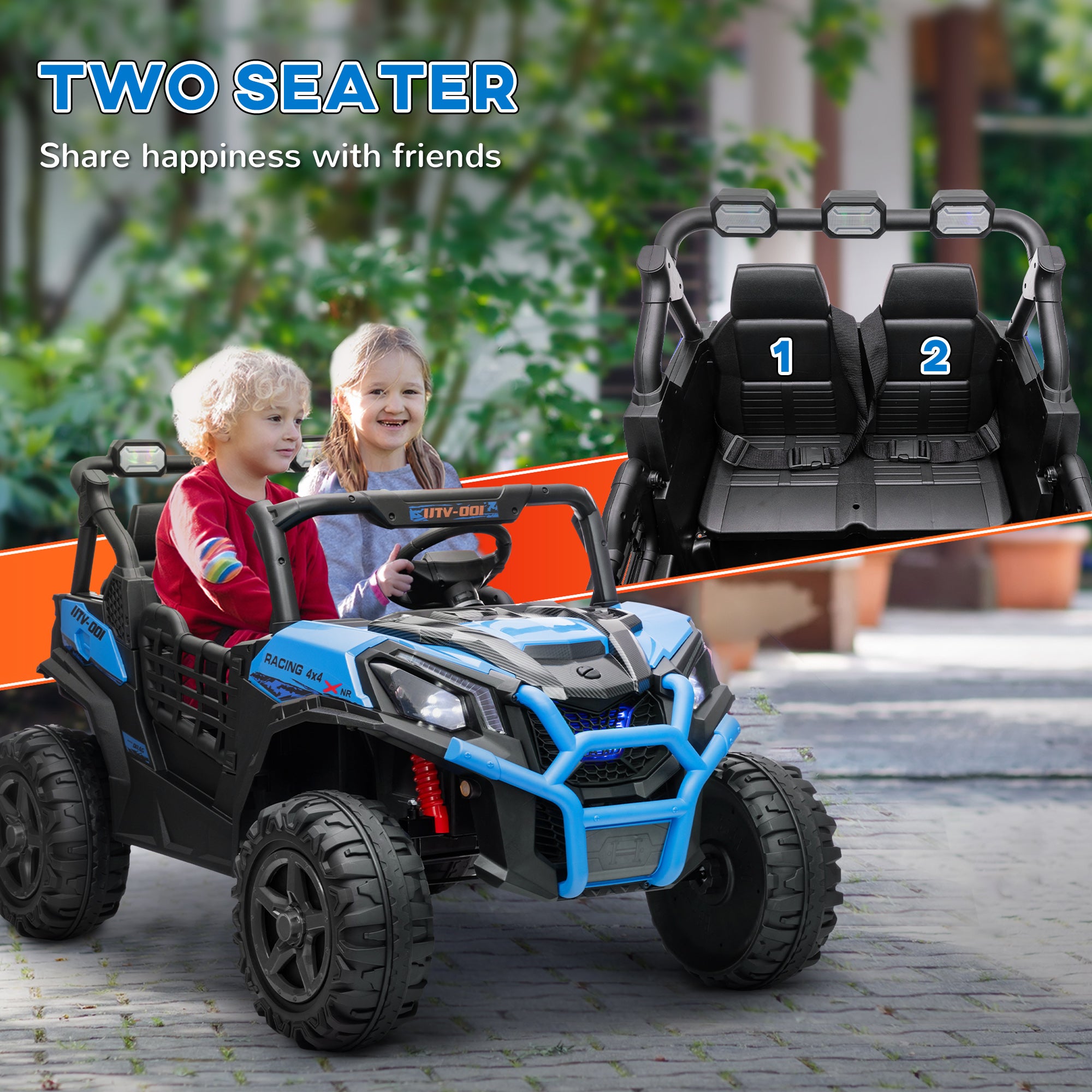 2 Seater 24V Kids Electric Car w/ Remote Control, 3 Speed, LED Lights, Music, Horn, Spring Suspension, Slow Start, Blue