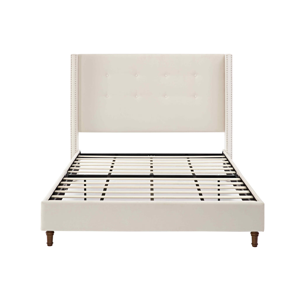 Peyton Upholstered Queen Bed Frame with 54" High Headboard, Hand Buttoned Tufting, Nailhead Trim Wingback, No Box Spring Needed, Easy Assembly, Ivory Velvet, Ivory