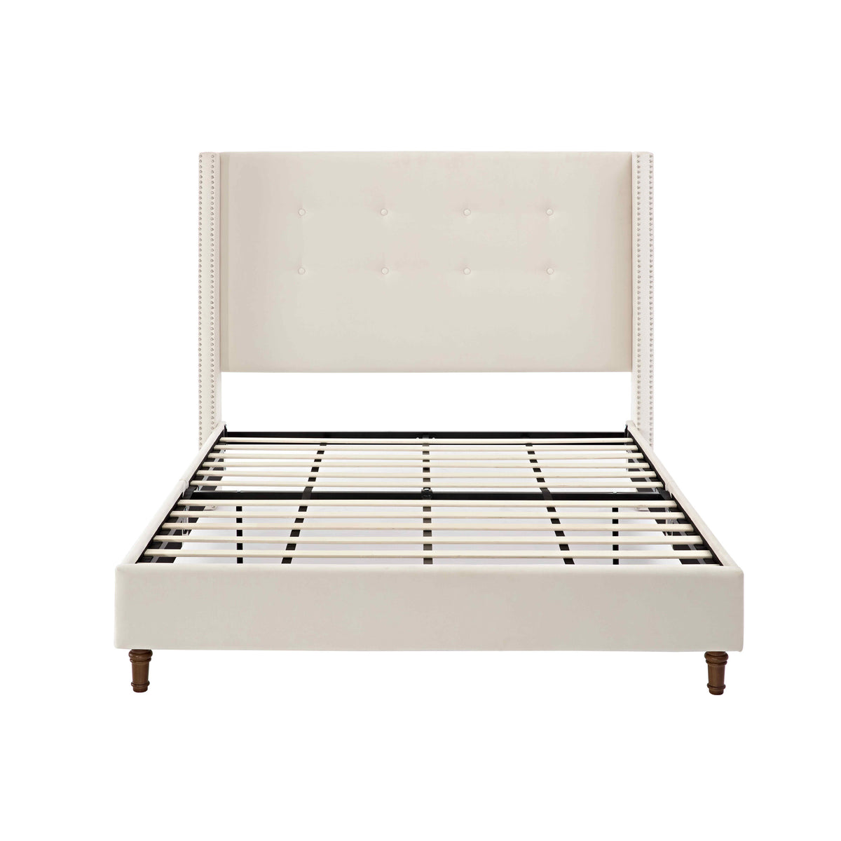 Peyton Upholstered Queen Bed Frame with 54" High Headboard, Hand Buttoned Tufting, Nailhead Trim Wingback, No Box Spring Needed, Easy Assembly, Ivory Velvet, Ivory