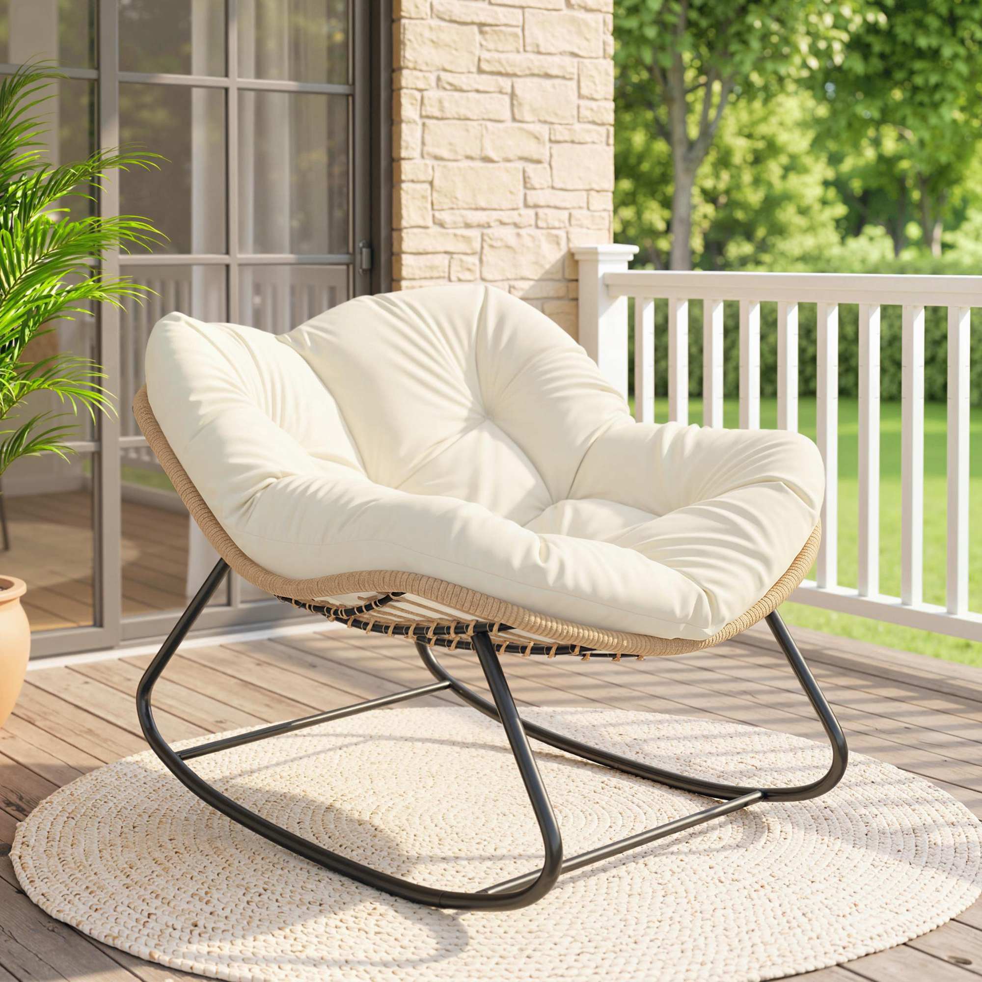 Indoor Outdoor Papasan Rocking Chair, Oversized Rocking Egg Chair with Cushion for Garden, Patio, Beige