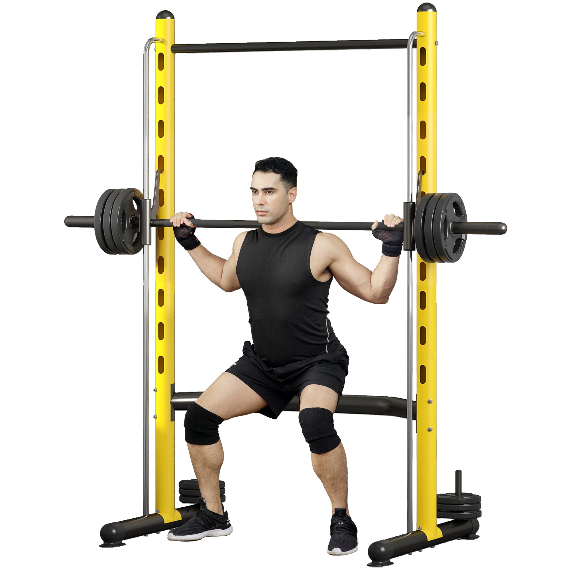 Squat Rack with Pull Up Bar and Barbell Bar Adjustable Bench Press Multi-Function Weight Lifting Half Rack, Yellow