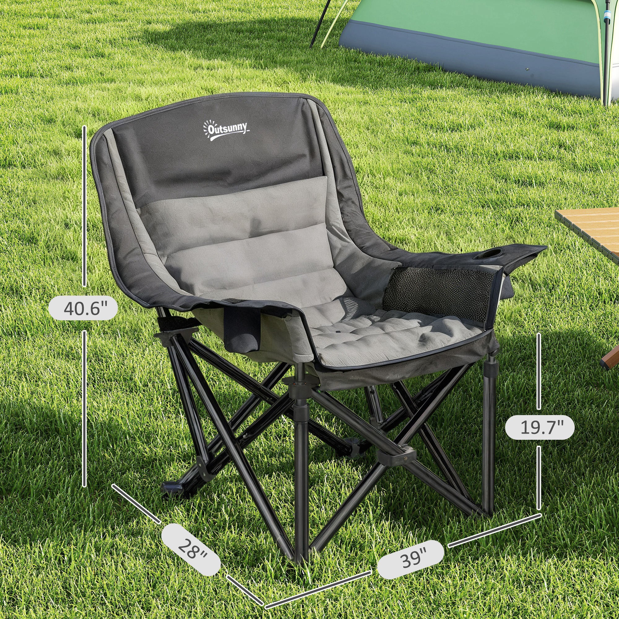 Camping Chair for Adults, Portable Folding Camping Chair with Side Pockets, Cup Holders, Carry Bag, Black and Gray