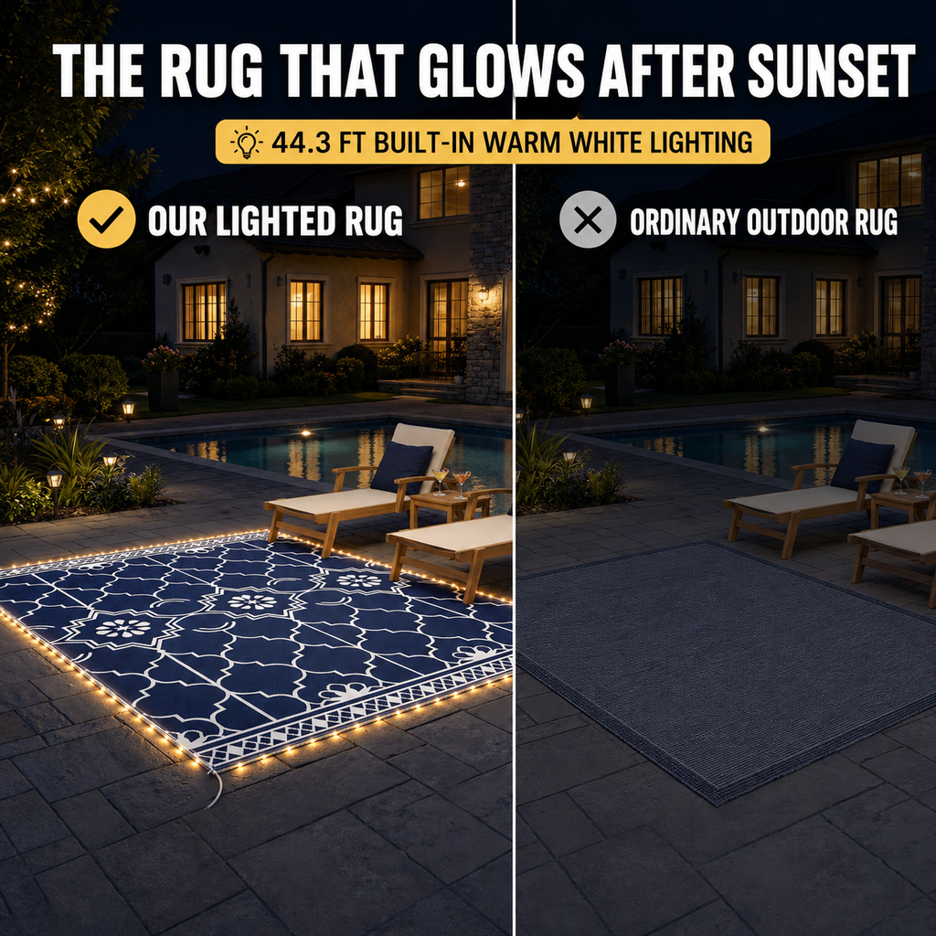 Reversible Outdoor Rug Carpet with LED Lights, 12' x 9' PP Straw Rug with Carry Bag and Ground Stakes