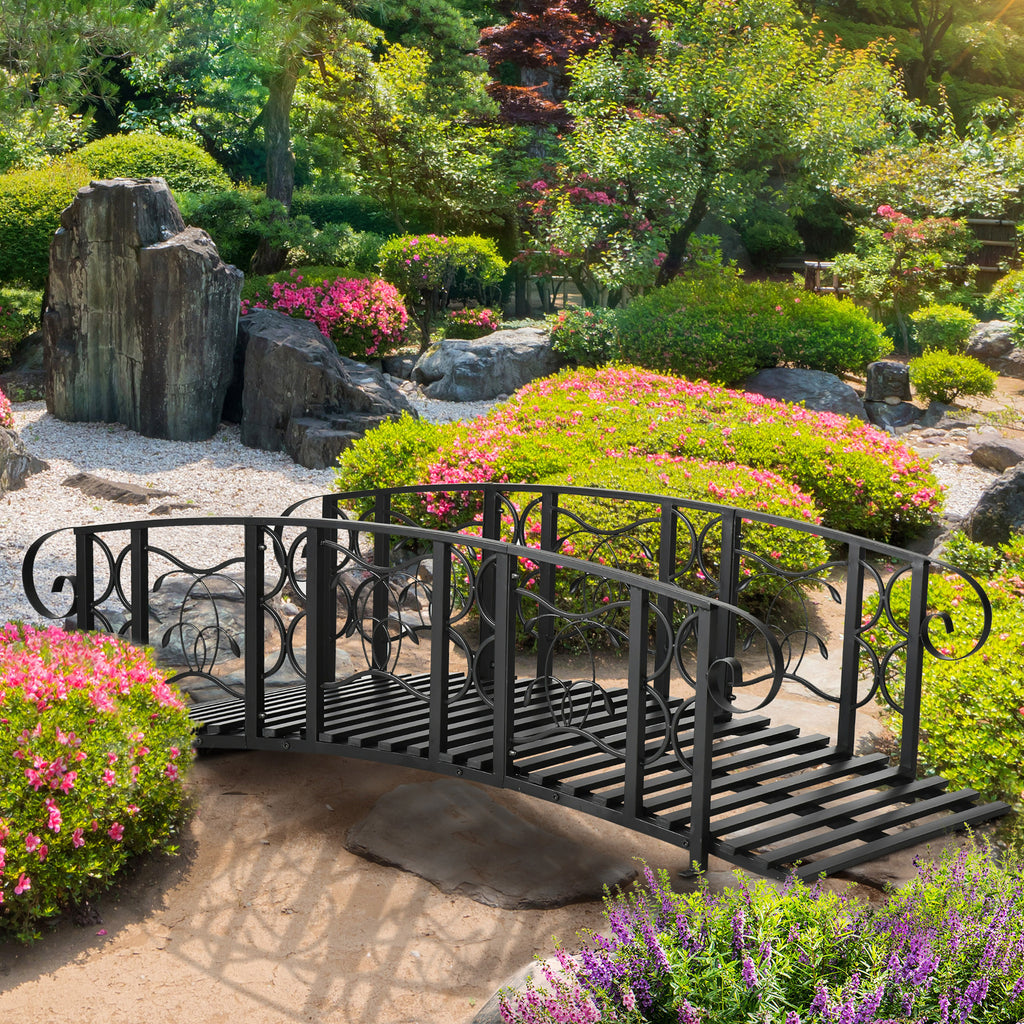 6' Metal Arch Backyard Garden Bridge with 660 lbs. Weight Capacity, Safety Siderails, Vine Motifs, Easy Assembly for Backyard Creek, Stream, Pond, Black