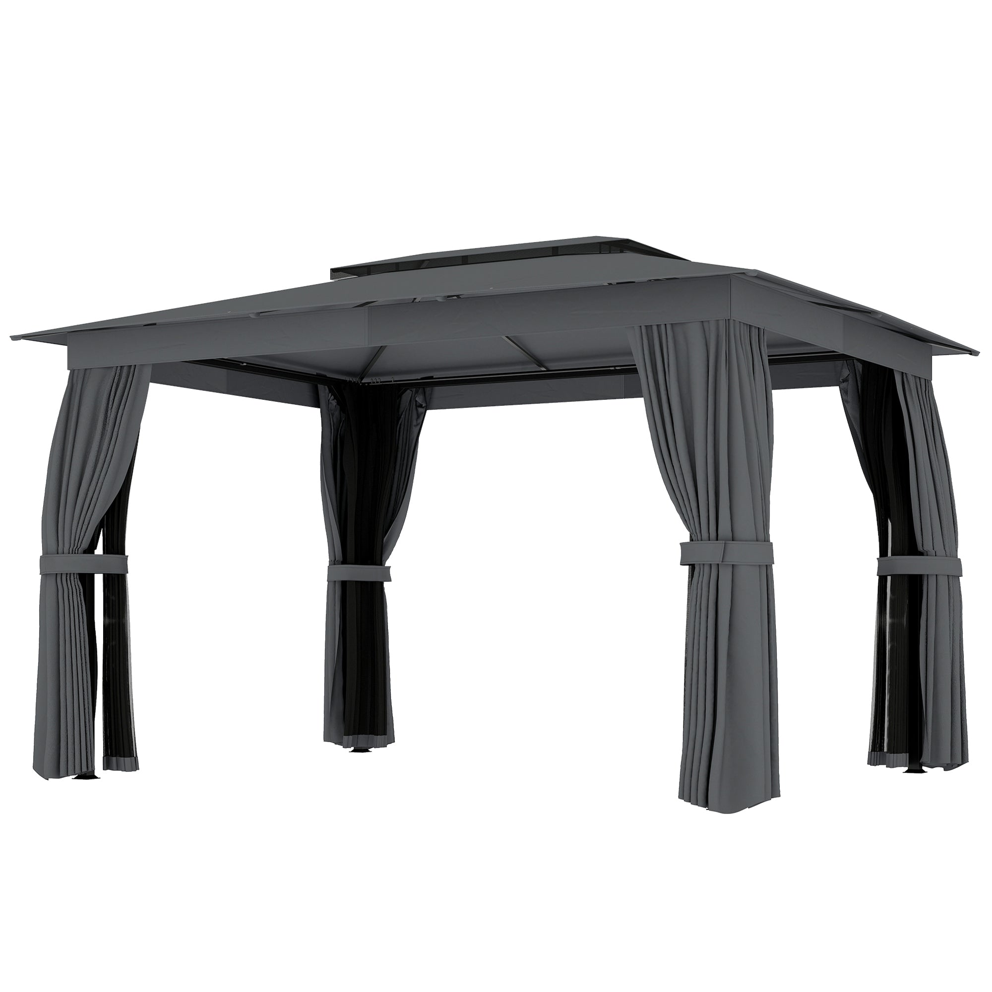10' x 12' Outdoor Patio Gazebo, Soft Top Gazebo Canopy Shelter with Curtains, Netting, Steel Frame, Hooks, Dark Gray