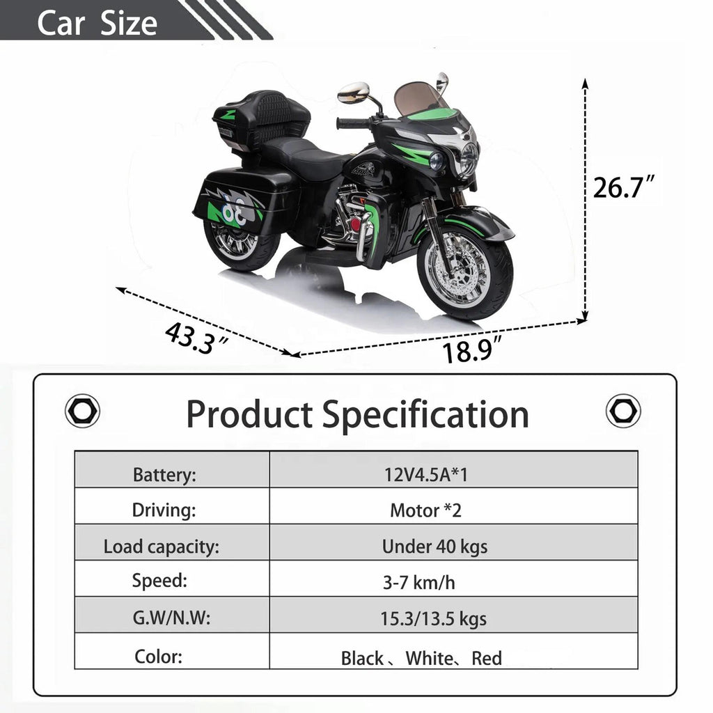 2-Seat 12V Kids Electric Ride-On Motorcycle with Storage Trunk, 3-Wheel Motorbike with MP3 and Bluetooth, 43.5'' L x 19'' W x 26.5'' H, Black