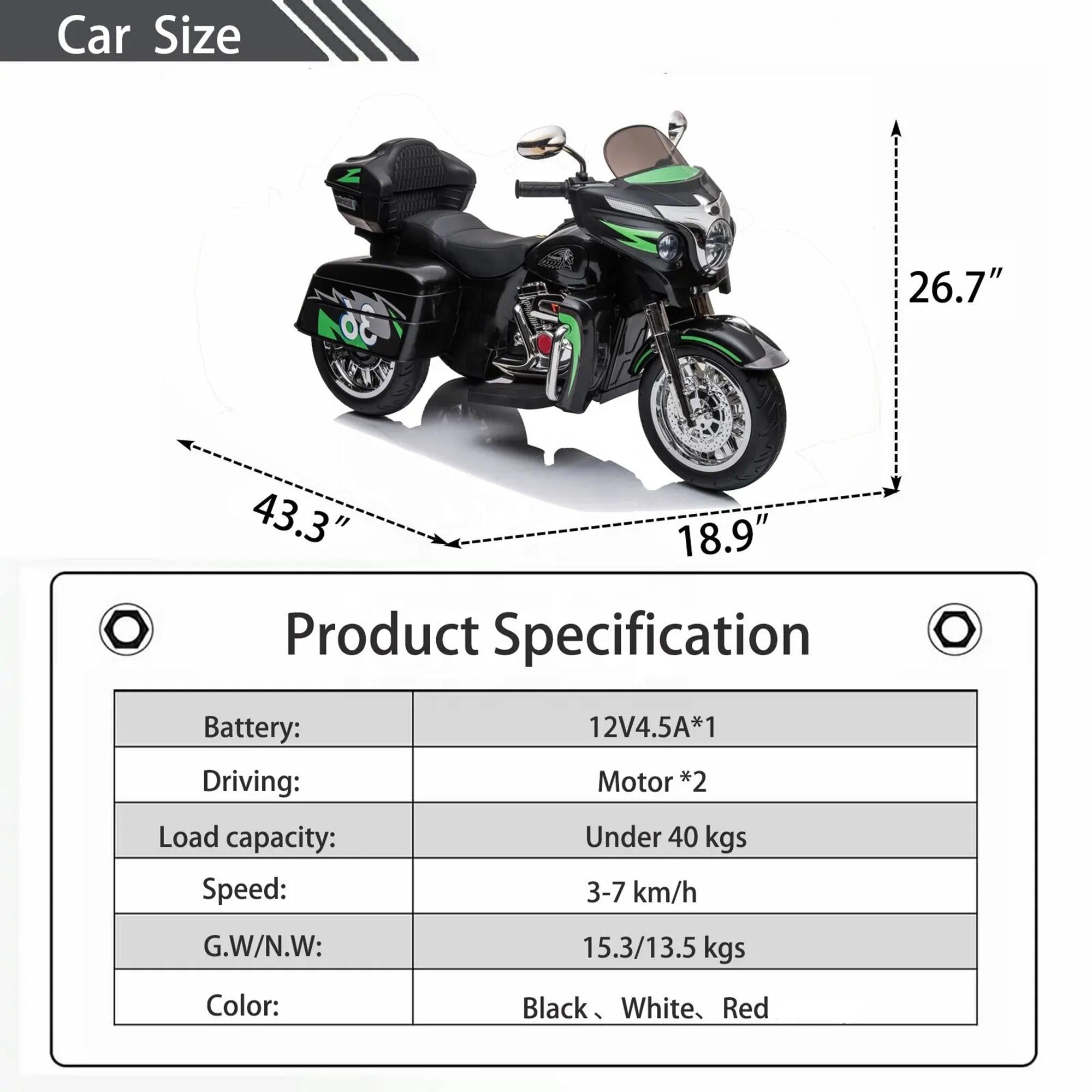 2-Seat 12V Kids Electric Ride-On Motorcycle with Storage Trunk, 3-Wheel Motorbike with MP3 and Bluetooth, 43.5'' L x 19'' W x 26.5'' H, Black