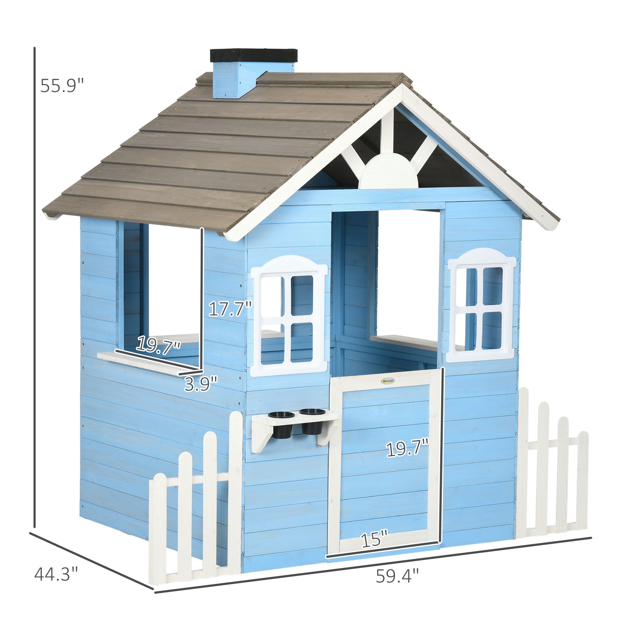 Wooden Playhouse for Kids Outdoor with Flower Pot Holders, Door, Windows, Service Stations for 3-7 Years, Blue