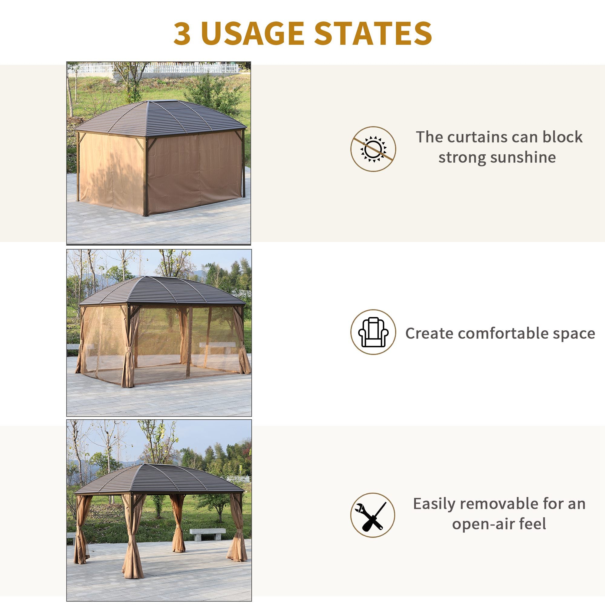 10' x 13' Hardtop Gazebo with Curtains, Netting, Pavilion with Steel Roof Ceiling Hook for Garden Patio, Brown