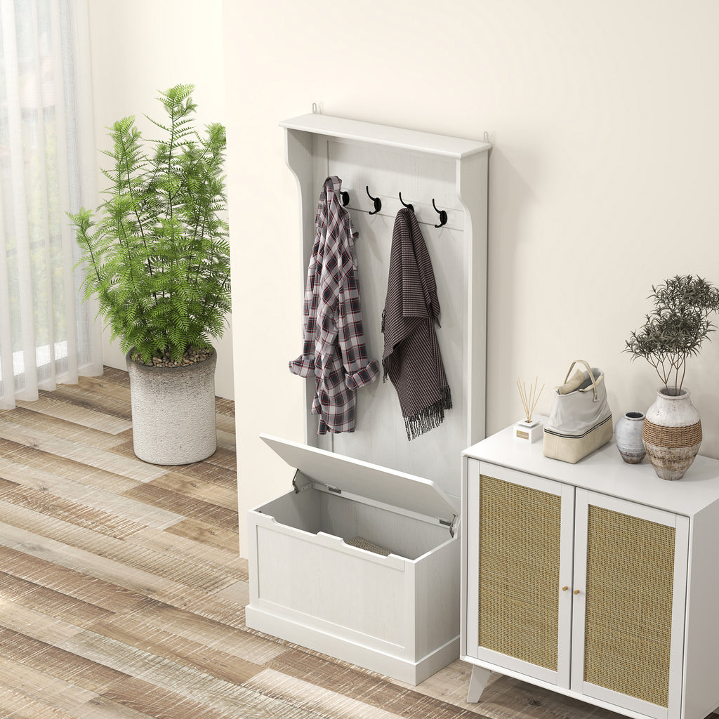 Hall Tree with Coat Rack, Storage, and Sitting Bench, Cream White