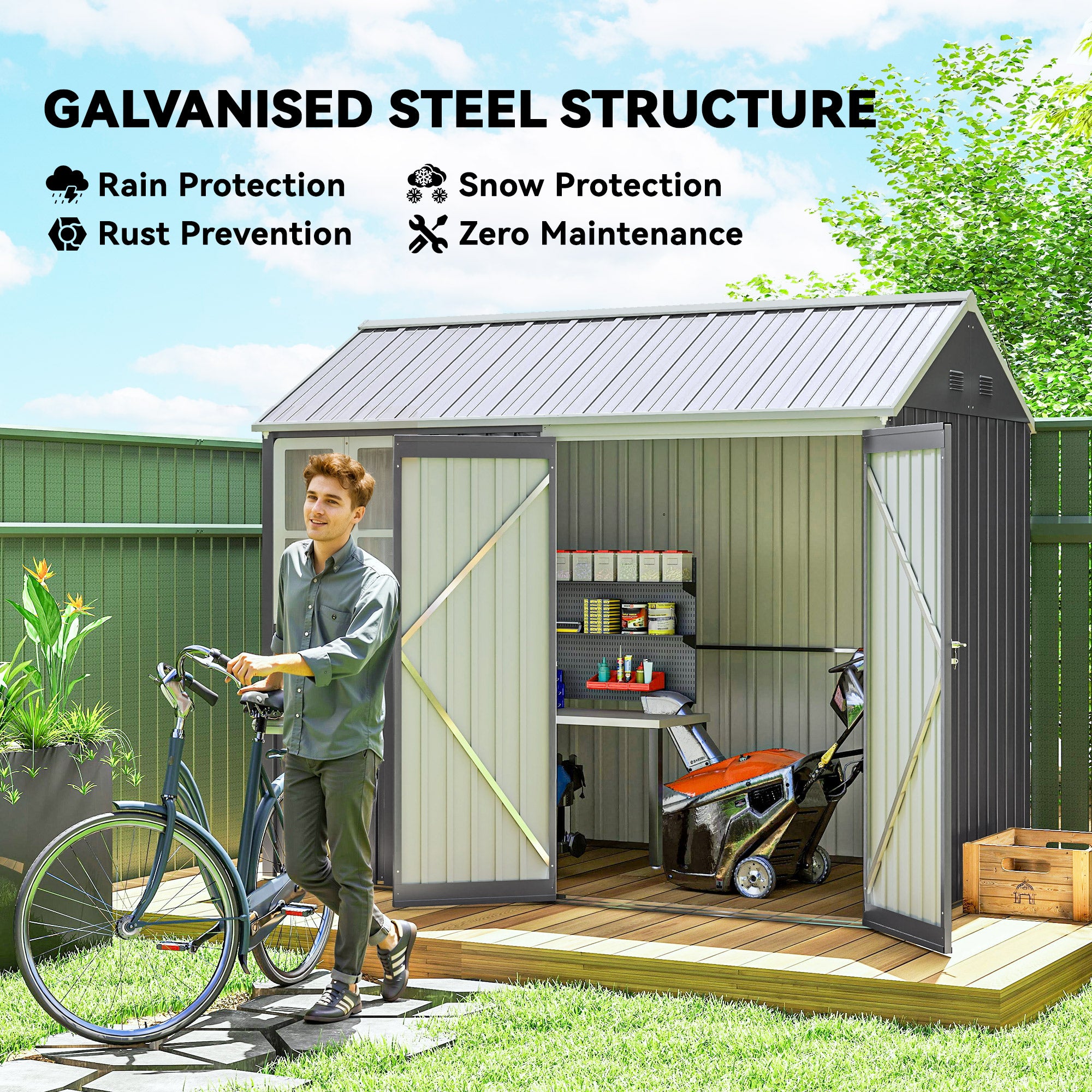 8' x 5.5' Metal Garden Storage Shed, Extra Large Outdoor Tool Storage House w/Lockable Doors, Window, Air Vents, Gray