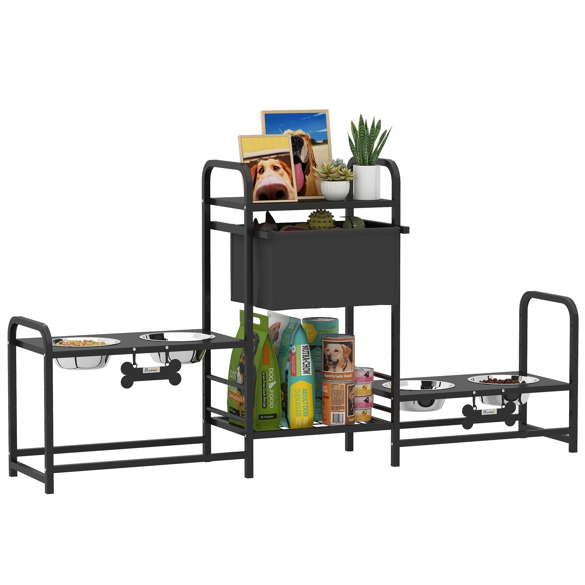 3 Height Adjustable Dog Bowl Stand with 2 Feeding Stations, Toy Bin Basket, Black
