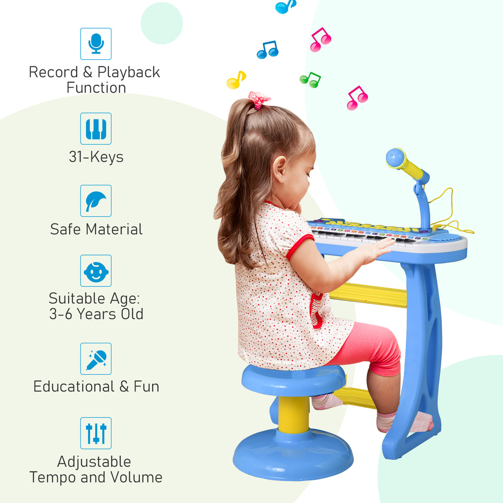 31-Key Kids Toy Keyboard Piano, Electronic Musical Instrument with Multiple Sounds, Stool, Microphone and Bright Flashing Lights, Blue