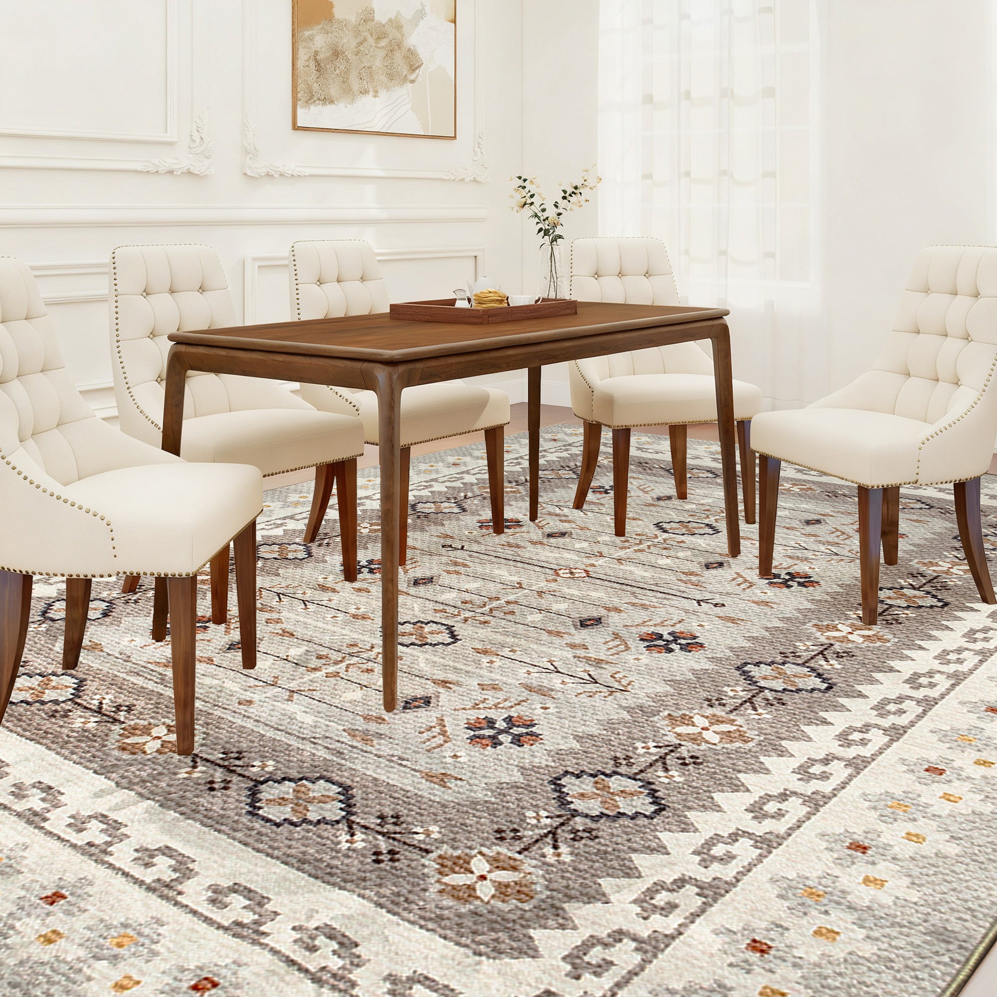 Machine Washable Area Rug 4x6, Non-Slip Boho Flannel Print Floor Carpet for Living Room, Bedroom, Dining Room, Brown