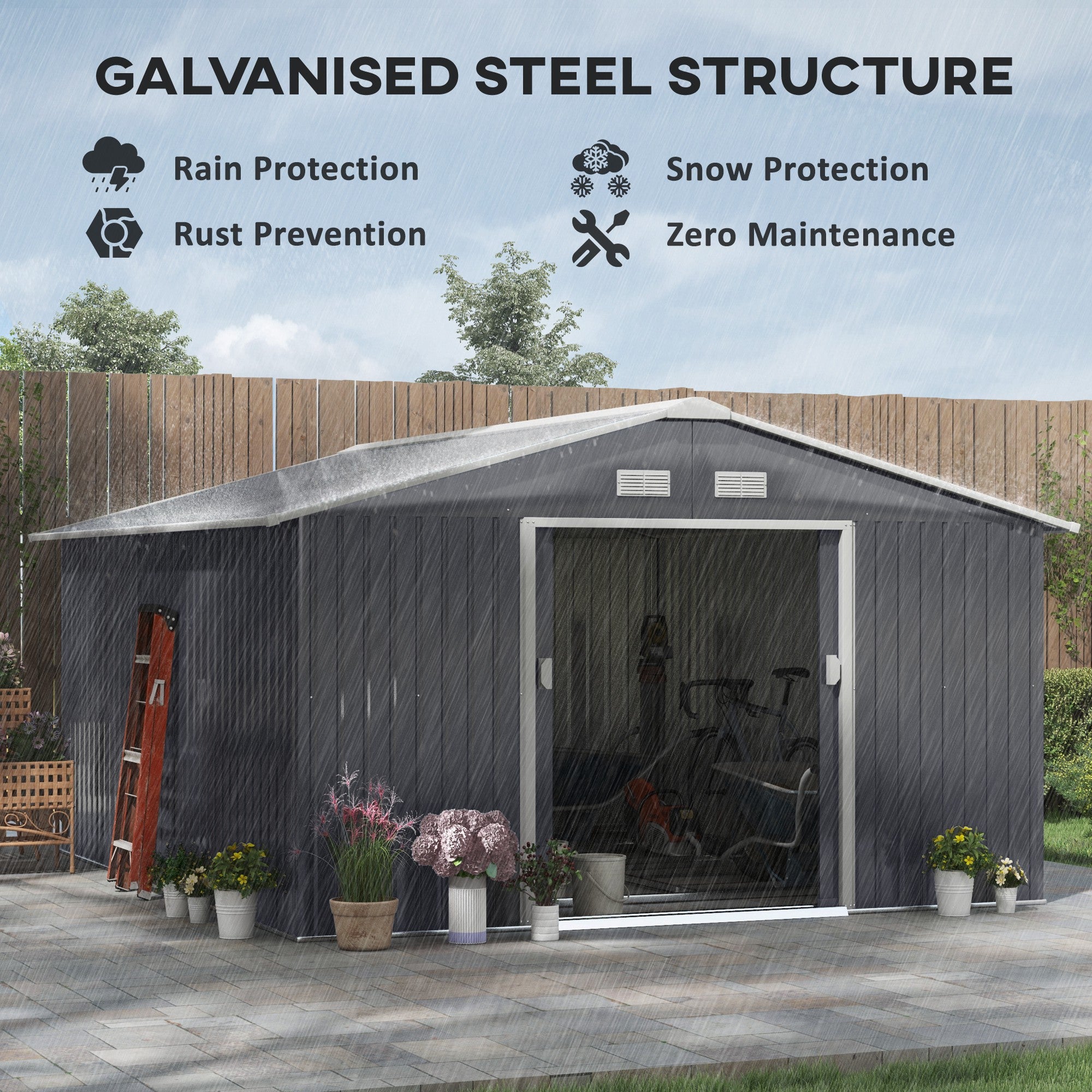 11' x 13' Garden Metal Shed, Storage Shed Utility Storage with Double Locking Doors for Bike, Yard Tools, Dark Gray
