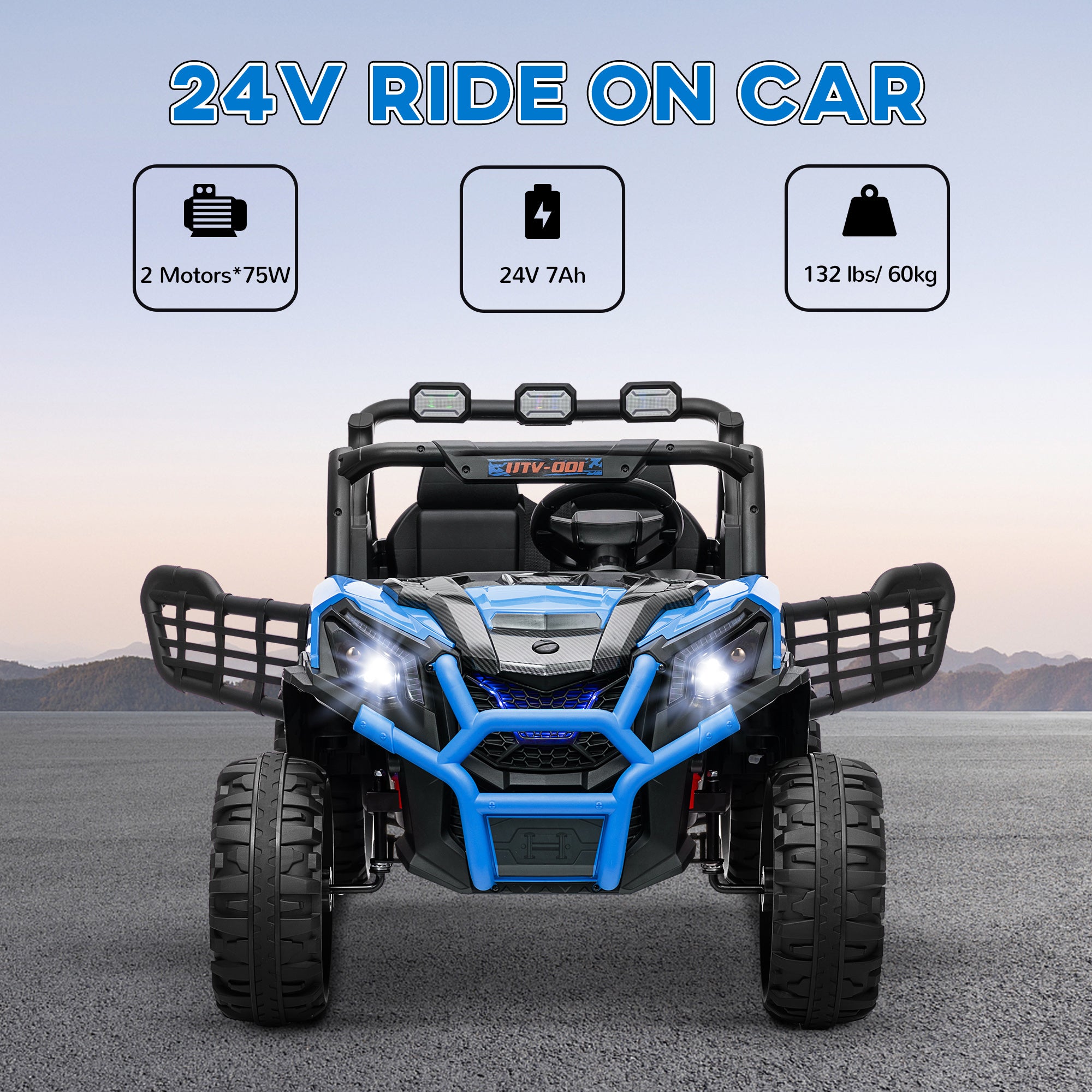 2 Seater 24V Kids Electric Car w/ Remote Control, 3 Speed, LED Lights, Music, Horn, Spring Suspension, Slow Start, Blue