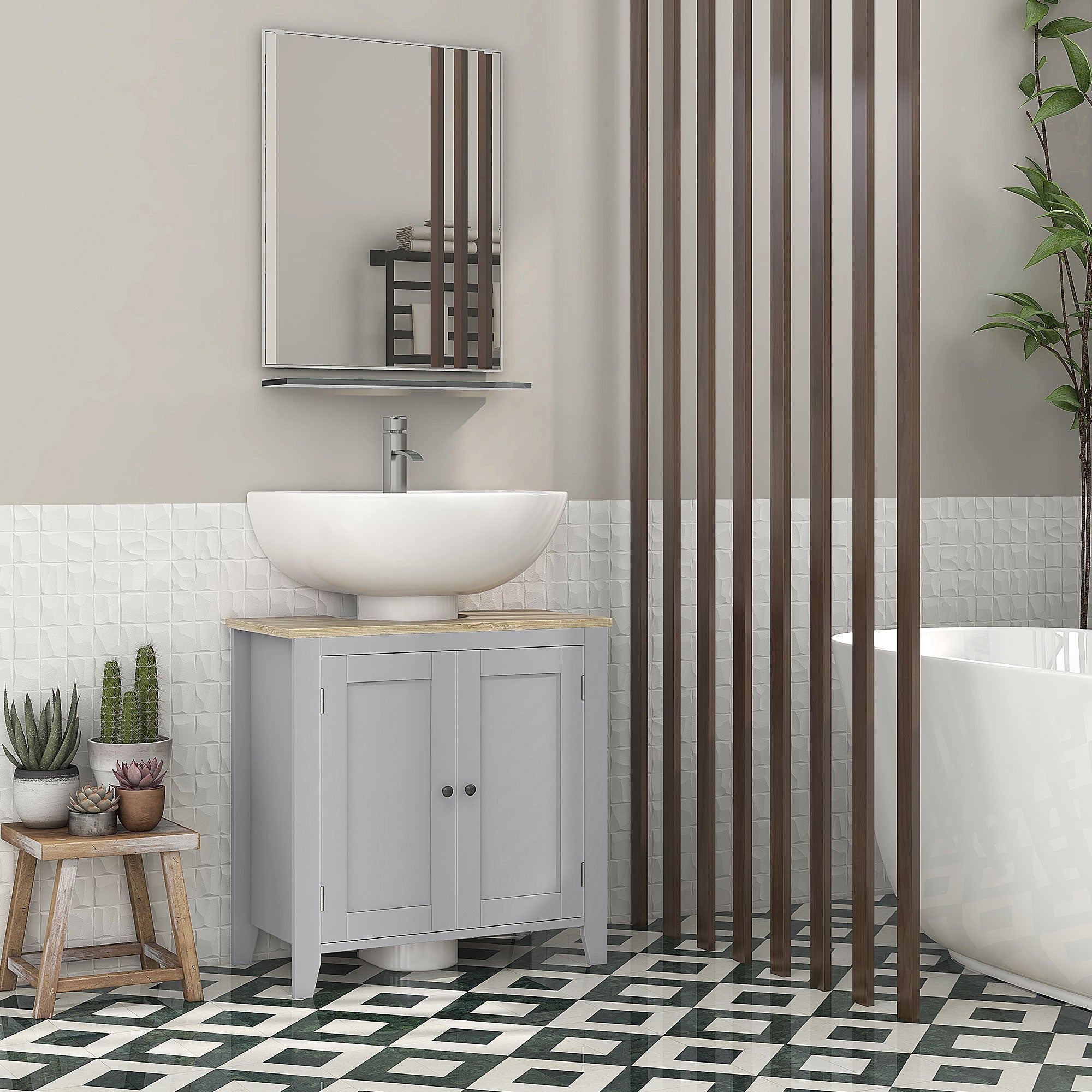 Bathroom Vanities, Pedestal Sink Cabinet with U-Shaped Cut-out and Adjustable Shelf, Gray