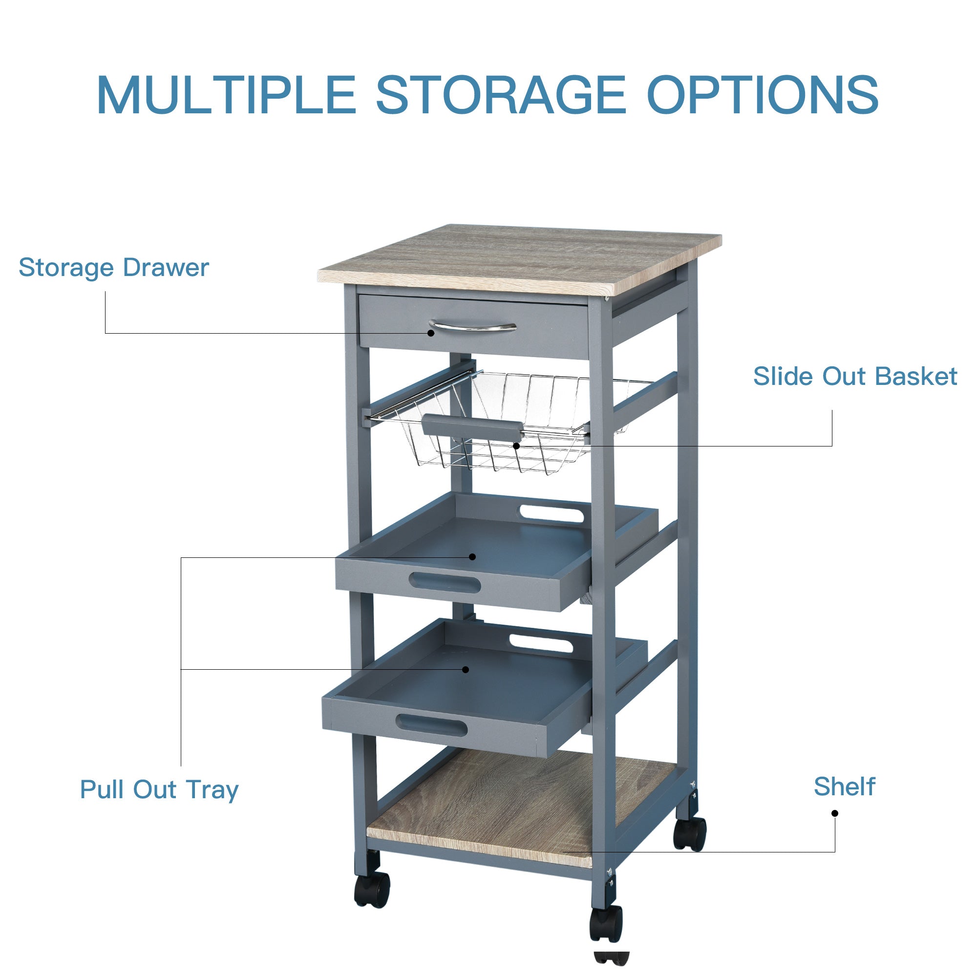 Mobile Kitchen Cart, Rolling Kitchen Island with Storage, Utility Cart with Wire Fruit Baskets, Trays and Drawer, Gray