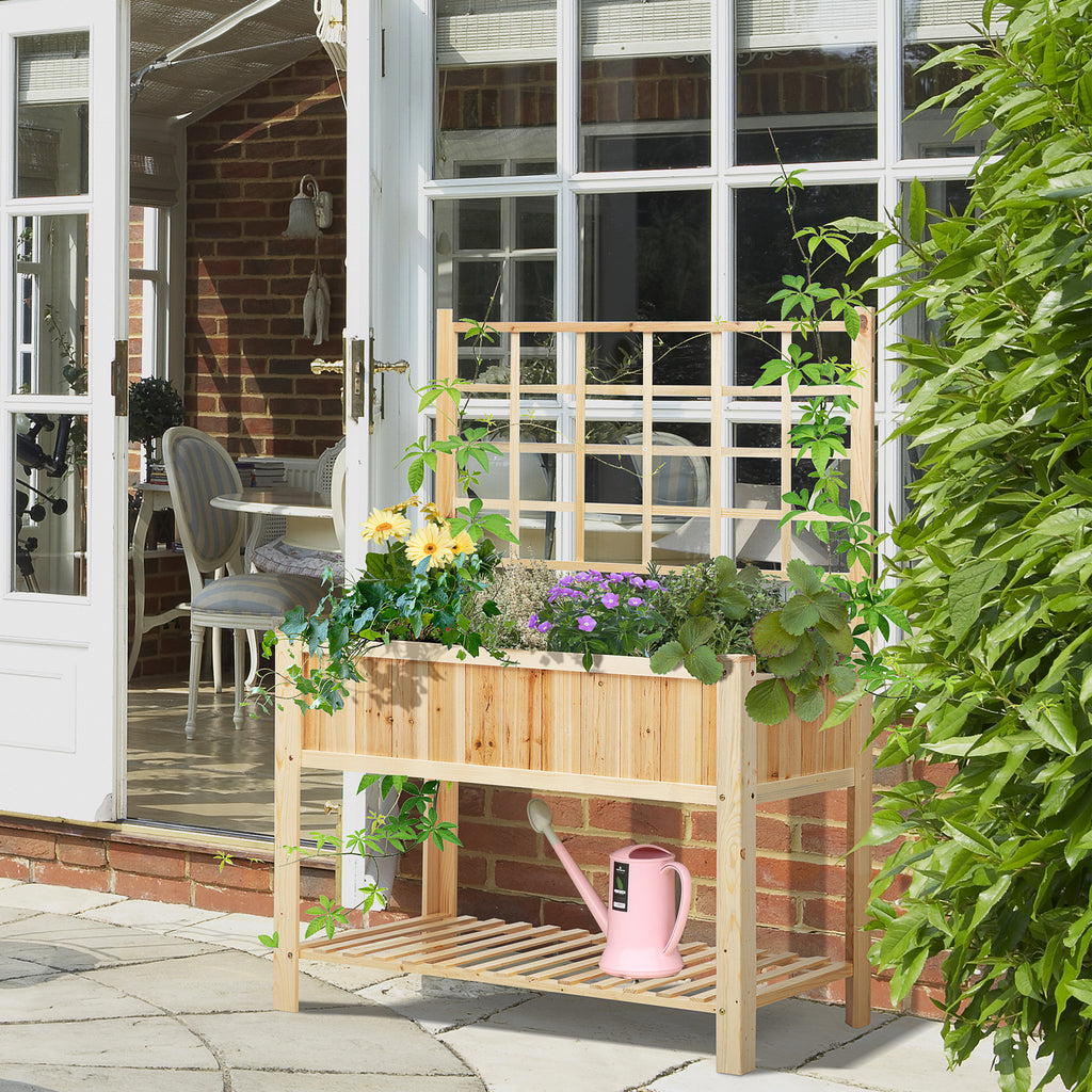 47" Wooden Raised Garden Bed with Trellis, Coutryside Style Elevated Planter Box Stand with Open Storage Shelf, Spacious Planting Area for Vegetables, Herbs, Flowers