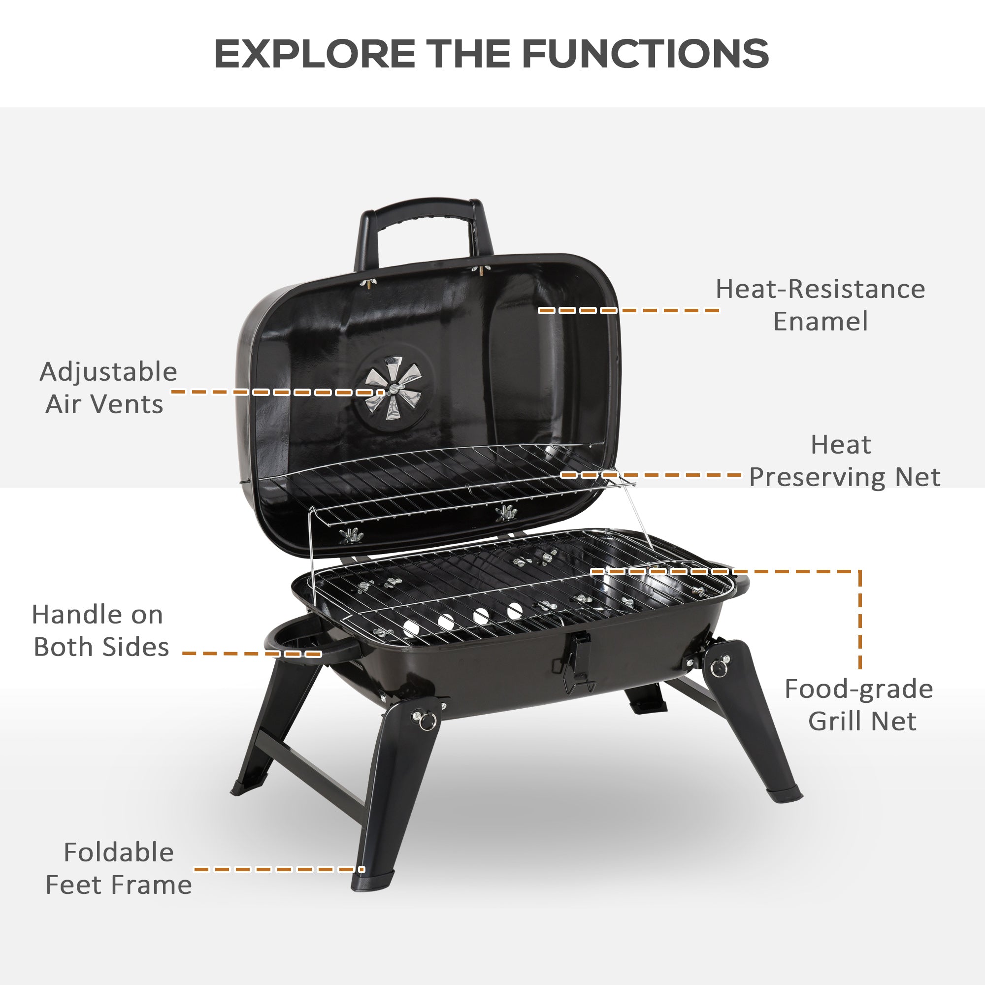 14" Portable Grill, Small Charcoal Grill for Outdoor Cooking, BBQ, Camping, Enamel Coated, Folding Legs, Black