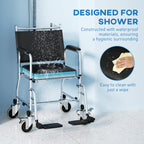 Rolling Shower Chair, Bedside Commode Wheelchair with Padded Seat, Backrest, for Seniors, Disabled, 300 lbs, Black