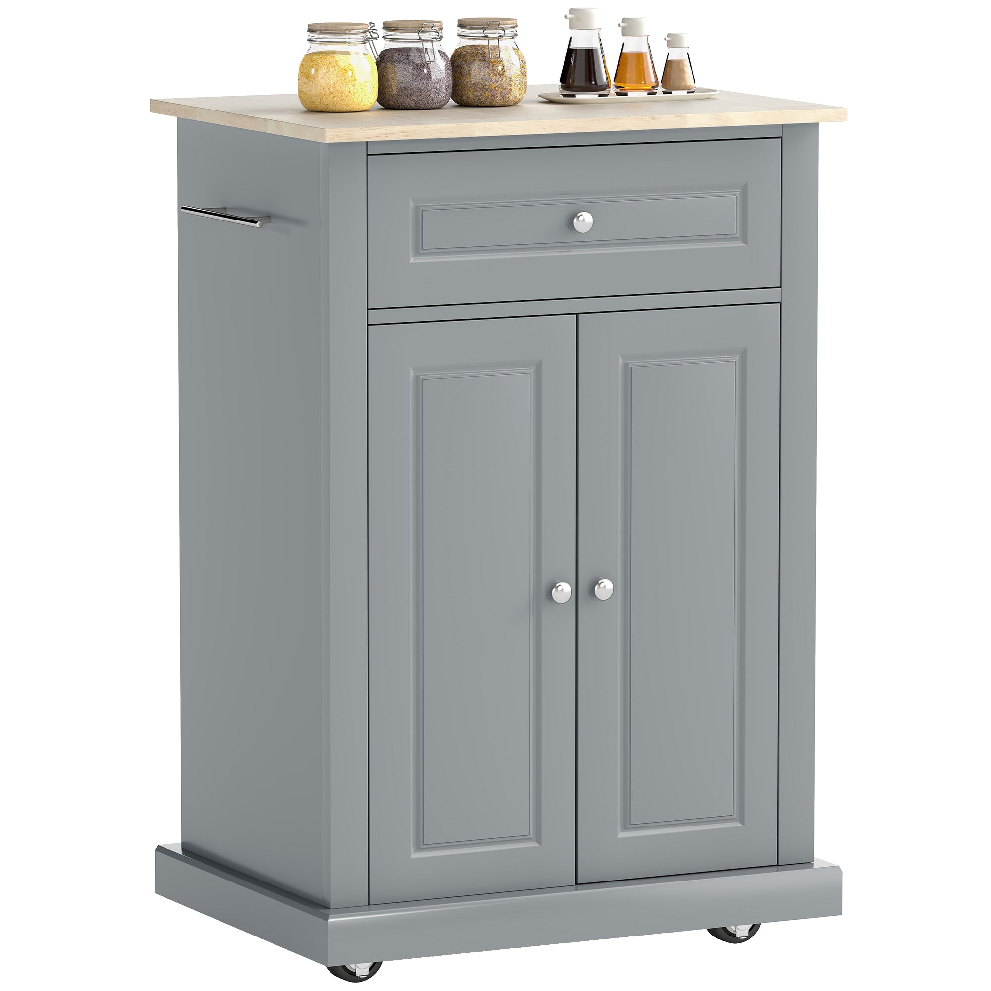 Rolling Kitchen Island Cart, Portable Serving Trolley Table with Drawer, Adjustable Shelf and 2 Towel Racks, Grey
