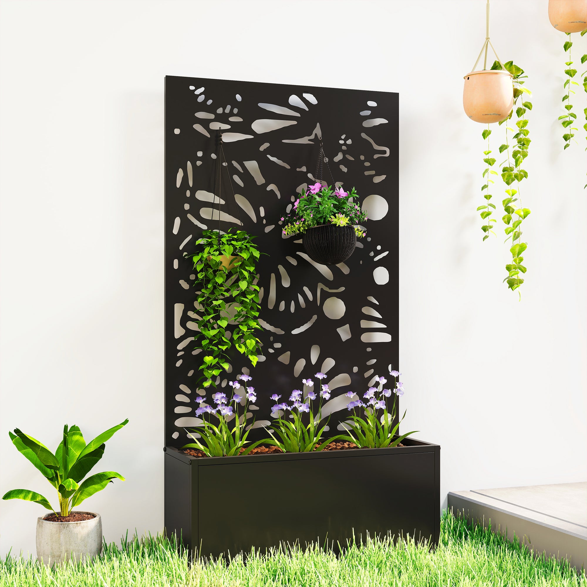 Metal Garden Bed with Trellis for Climbing Plants, Freestanding or Wall Mounted Flower Bed for Garden, Patio, Balcony