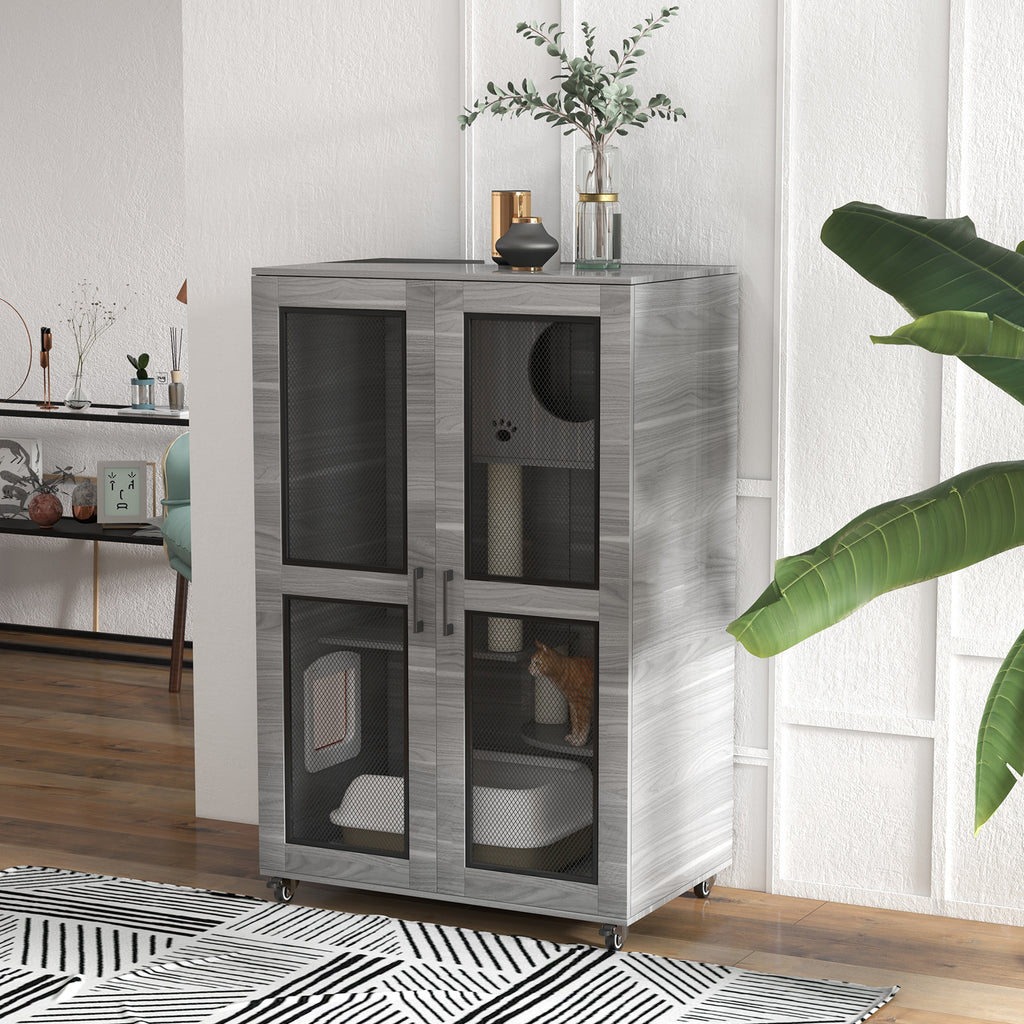 Cat Tree House with Scratching Post and Wheels, Gray