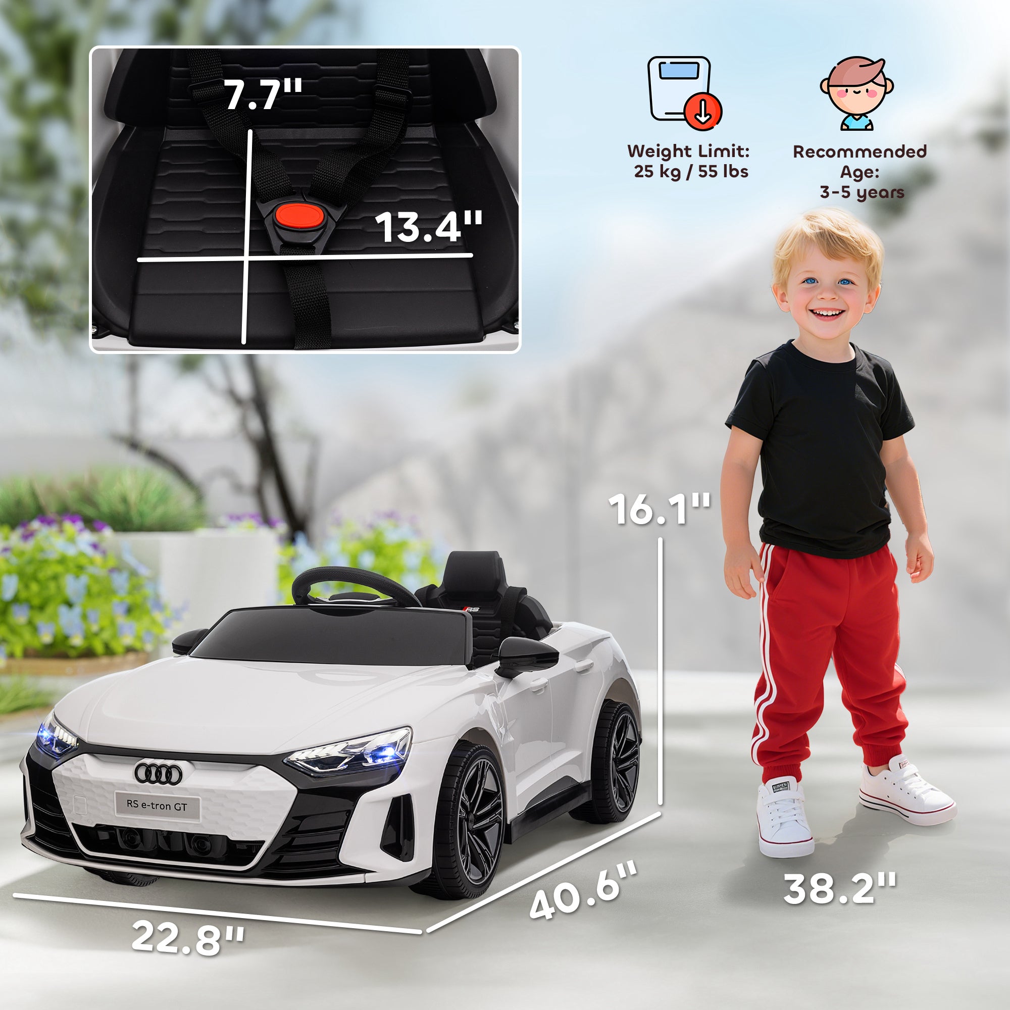 Licensed RS e-tron GT 12V Ride On Car Truck for Kids, Electric Car Ride On Vehicle w/Parent Remote Control, Music, Lights, for Toddlers, White