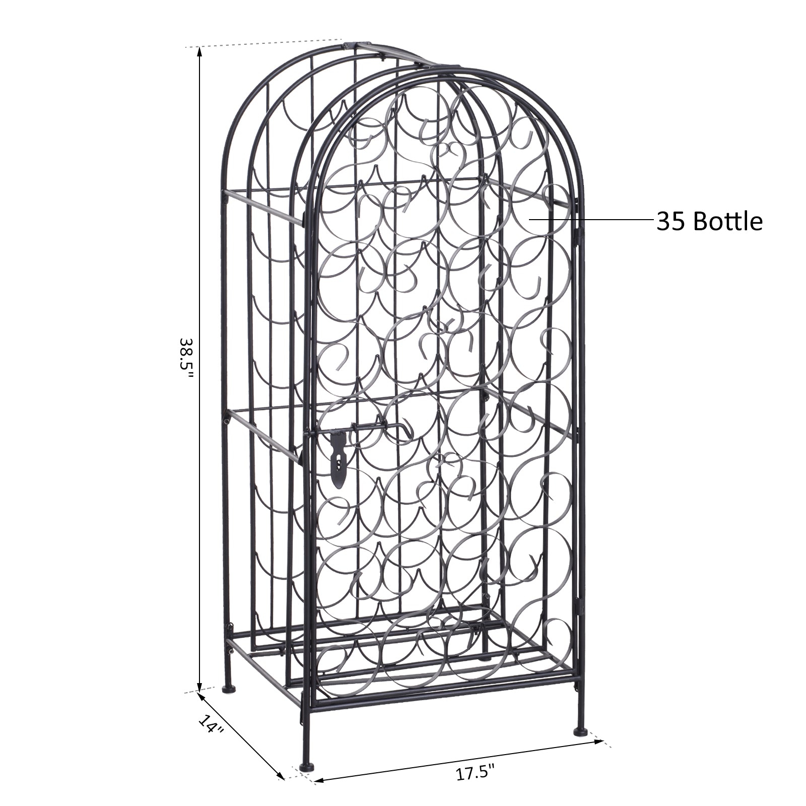 35 Bottle Wrought Iron Wine Rack Cabinet with Lock, Black