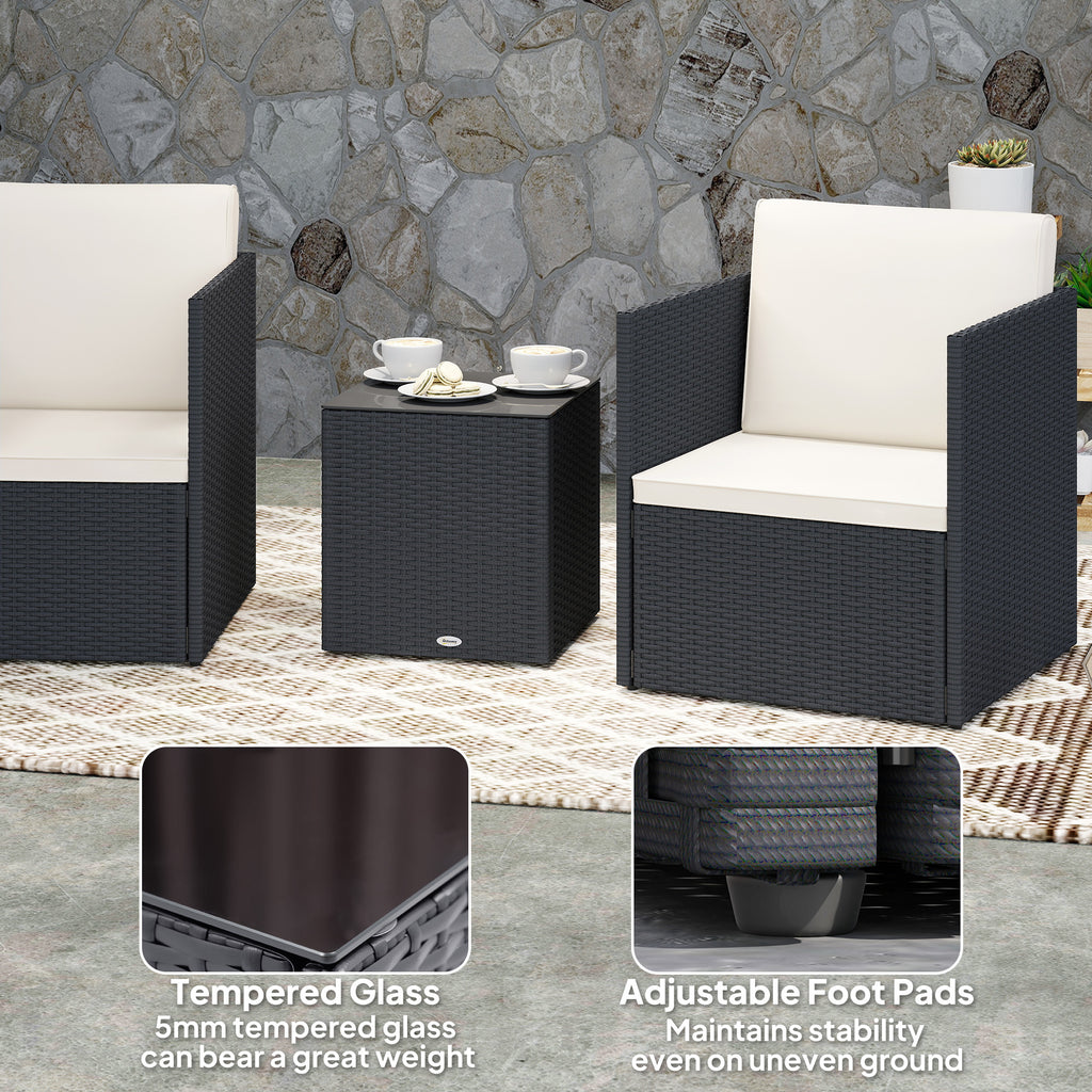 Folding Wicker Bistro Set, 3 Piece Patio Furniture Set with Cushions and Glass Coffee Table for Porch, Balcony, Black