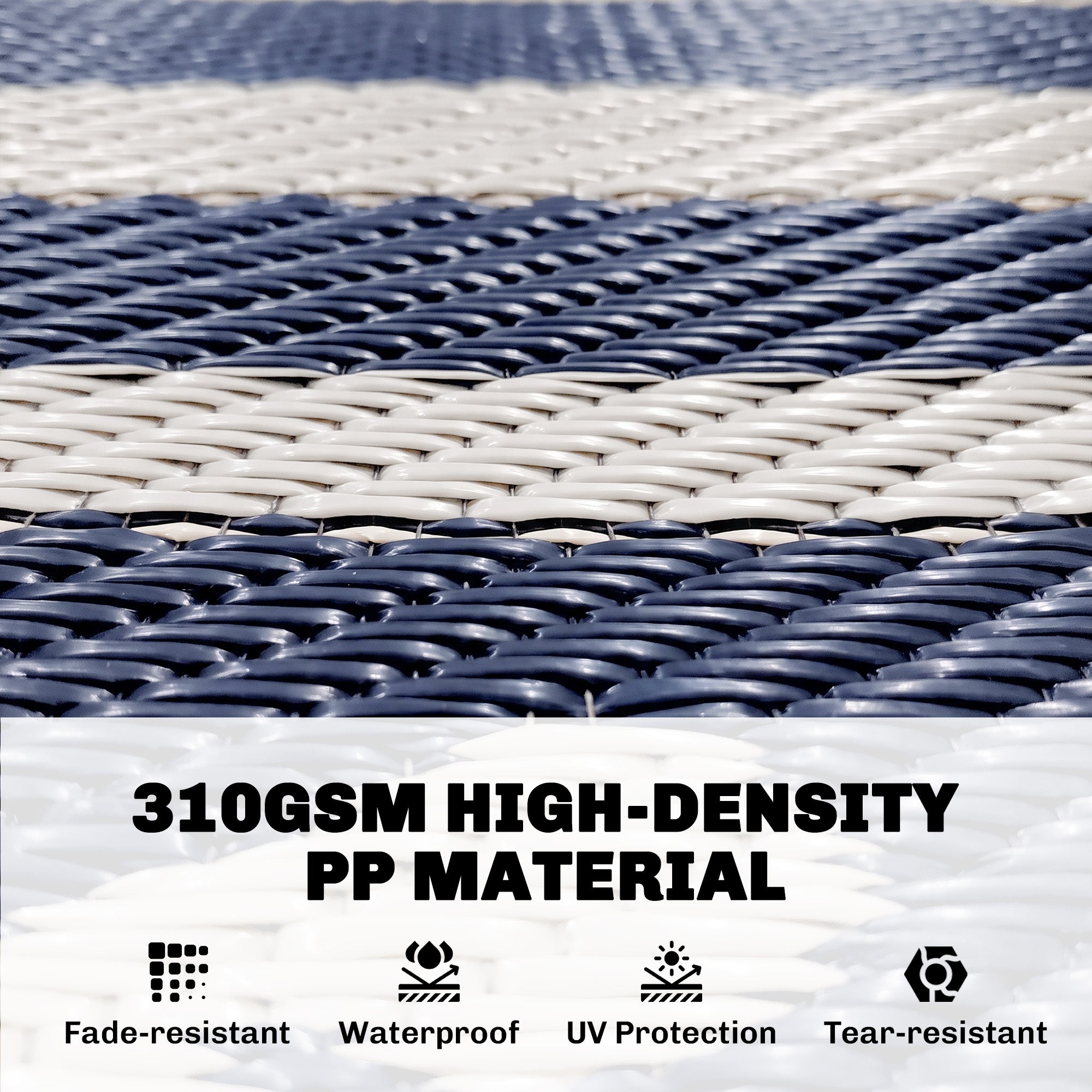 Reversible Outdoor Rug, Waterproof Plastic Straw with Carry Bag, 9' x 18', Blue & White Rhombus Patchwork