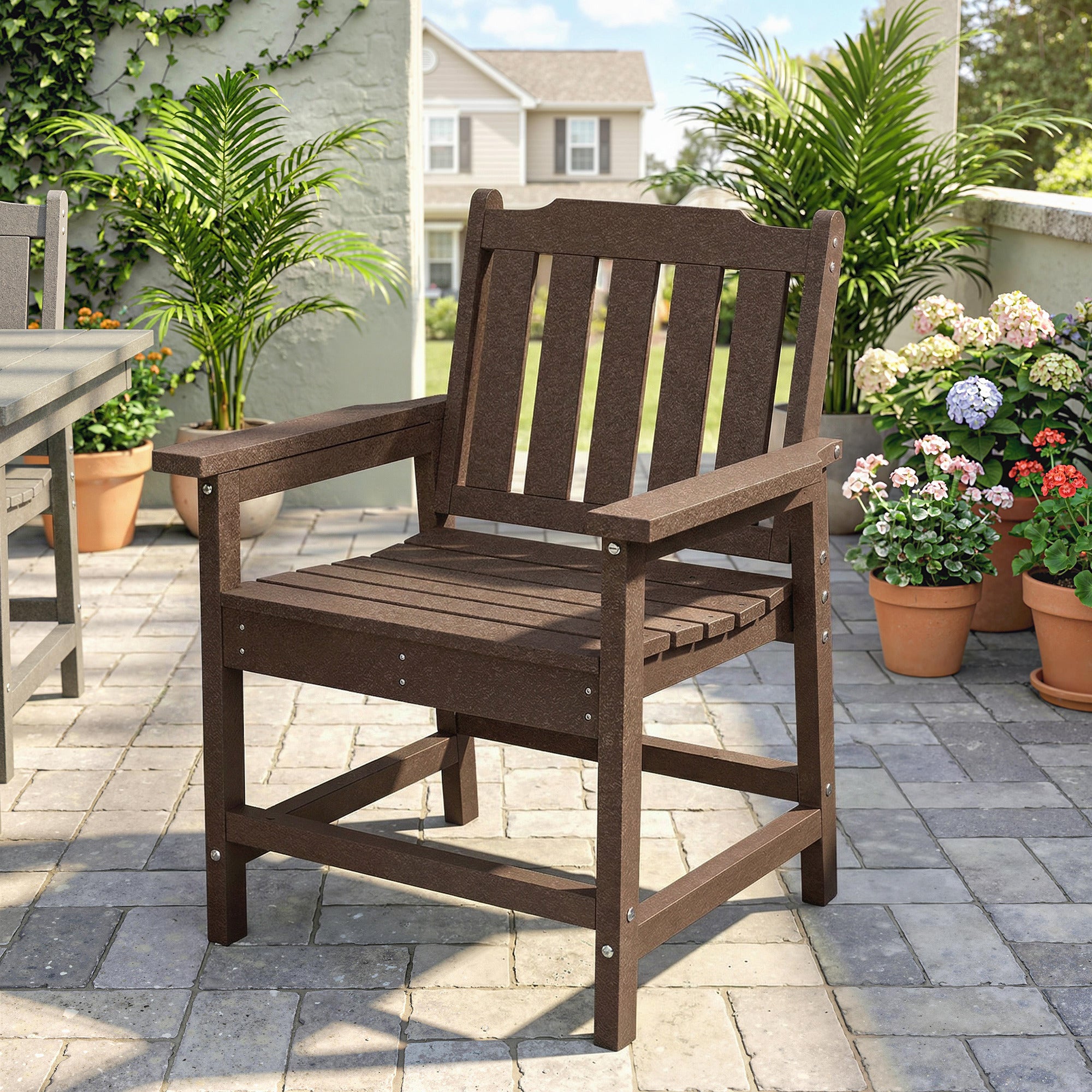 All-Weather Patio Chair, HDPE Patio Dining Chair, Heavy Duty Wood-Like Outdoor Furniture for Garden, Backyard, Deck, Porch, Lawn, Brown
