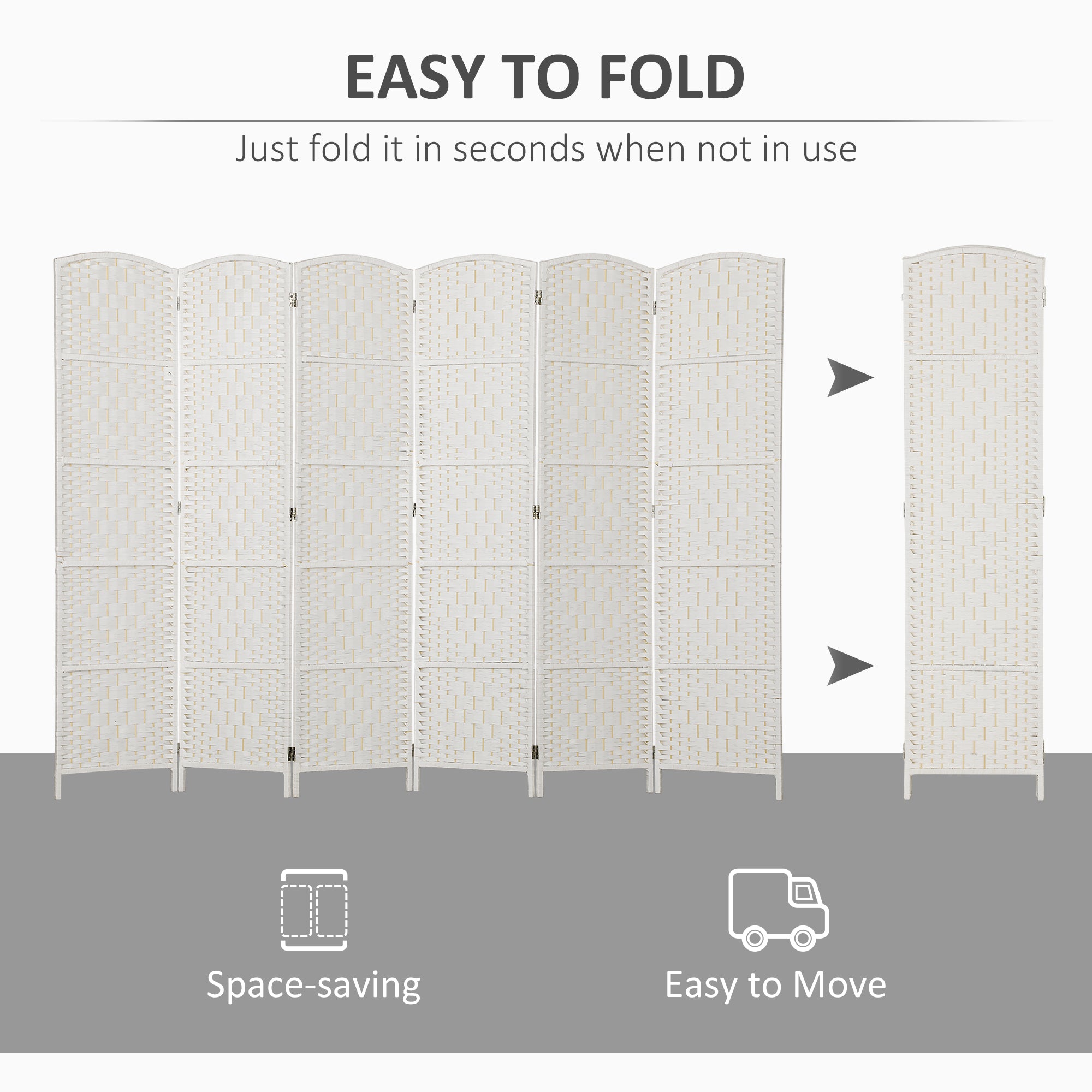 Room Divider, 6 Panel Folding Privacy Screen, 6FT Tall Portable Weave Partition Wall Divider for Bedroom, White