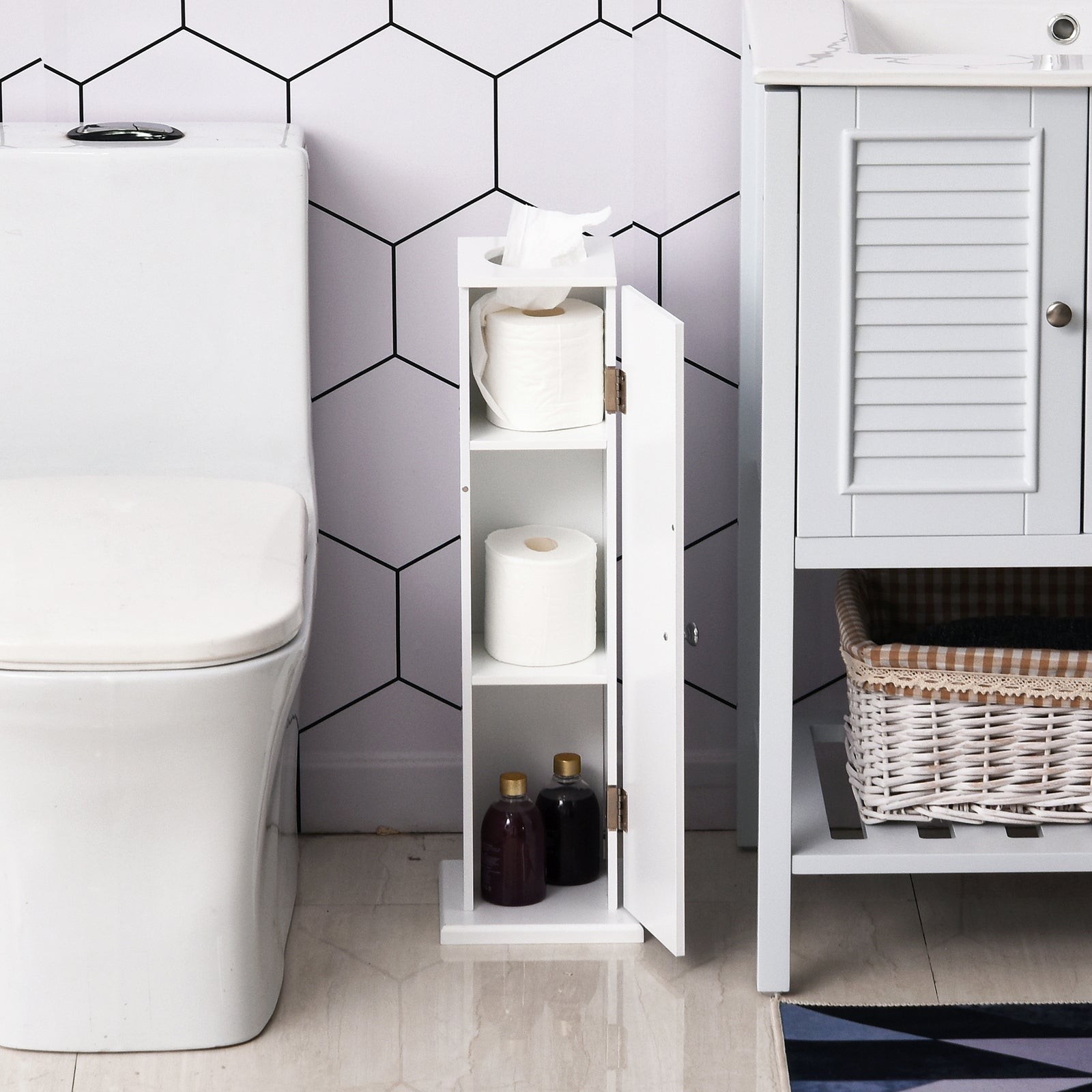 Small Toilet Paper Cabinet, Bathroom Corner Cabinet with Doors and Shelves for Paper Shampoo, White