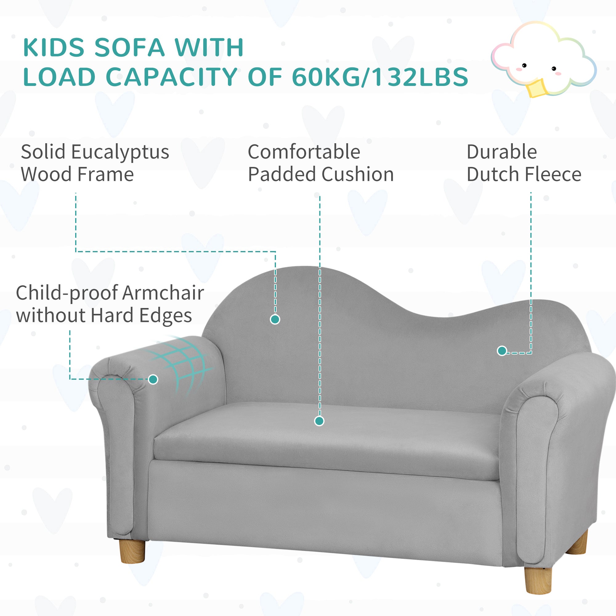Ergonomic Foam Kids Sofa with Inner Toy Storage Chest, Velvet Kids Couch with Soft Arms, Children's Lounge Furniture, 33" x 16.25" x 19", Gray