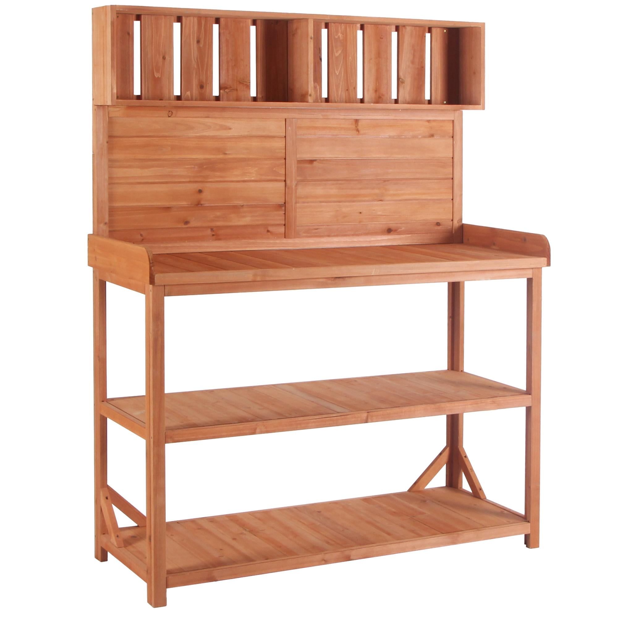 Rustic Wooden Potting Bench with 4 Storage Shelf & Side Hook, Outdoor Garden Workstation for Patio, 47'' L x 19.5'' W x 65'' H, Natural