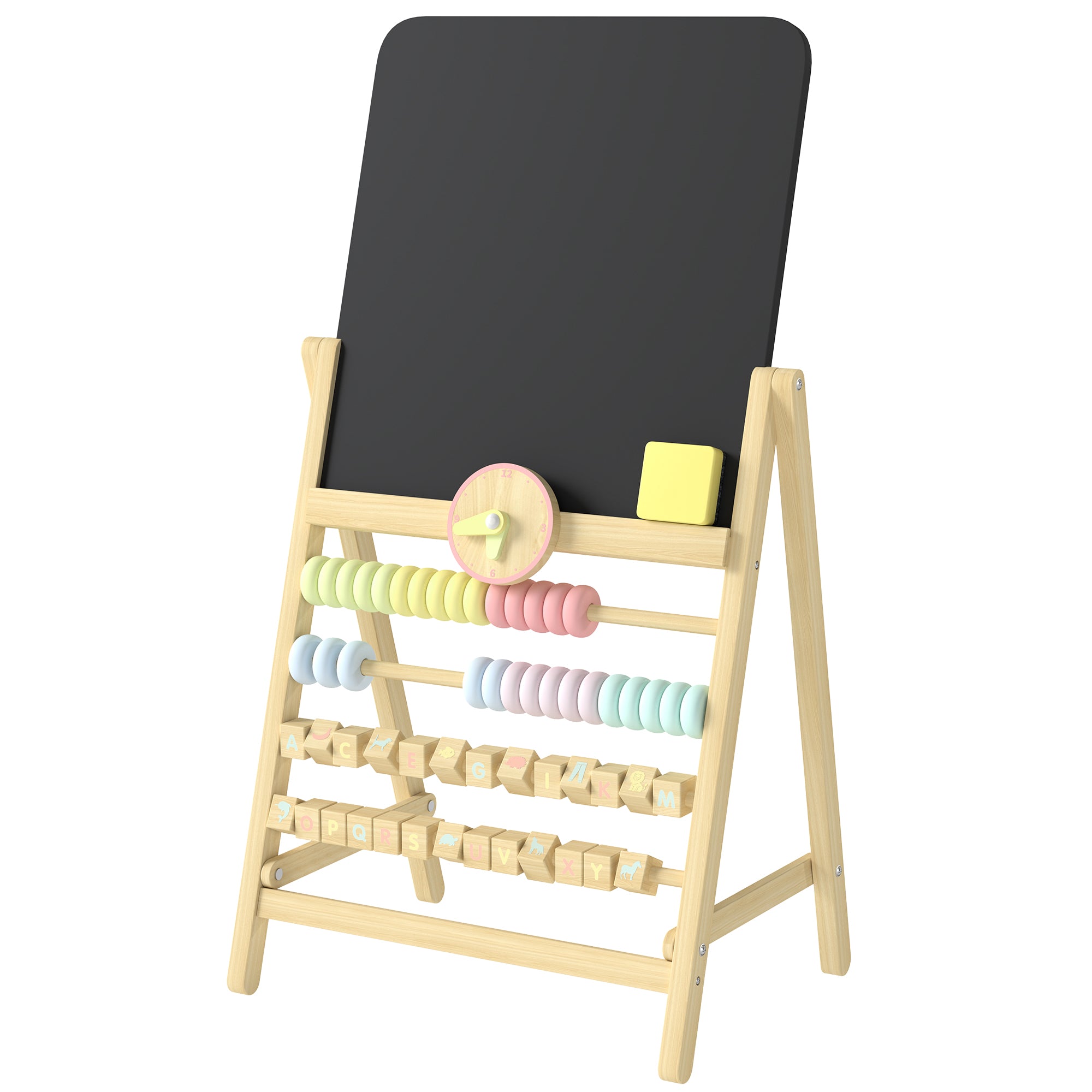 Wooden Kids Art Easel with Double-Sided Chalkboard, Clock, Abacus, Blackboard Eraser for Painting, for Ages 2+, Natural