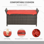 29 Gallon Patio Wicker Storage Bench, Outdoor PE Rattan Furniture, 2-In-1 Large Capacity Rectangle Garden Storage Box with Handles and Cushion, Red