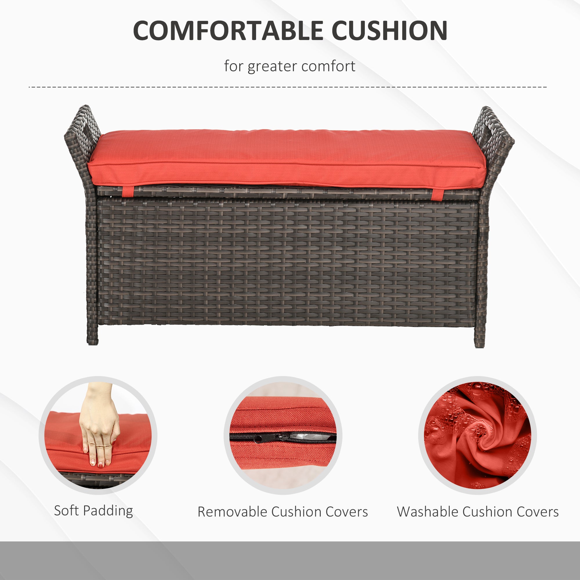 29 Gallon Patio Wicker Storage Bench, Outdoor PE Rattan Furniture, 2-In-1 Large Capacity Rectangle Garden Storage Box with Handles and Cushion, Red