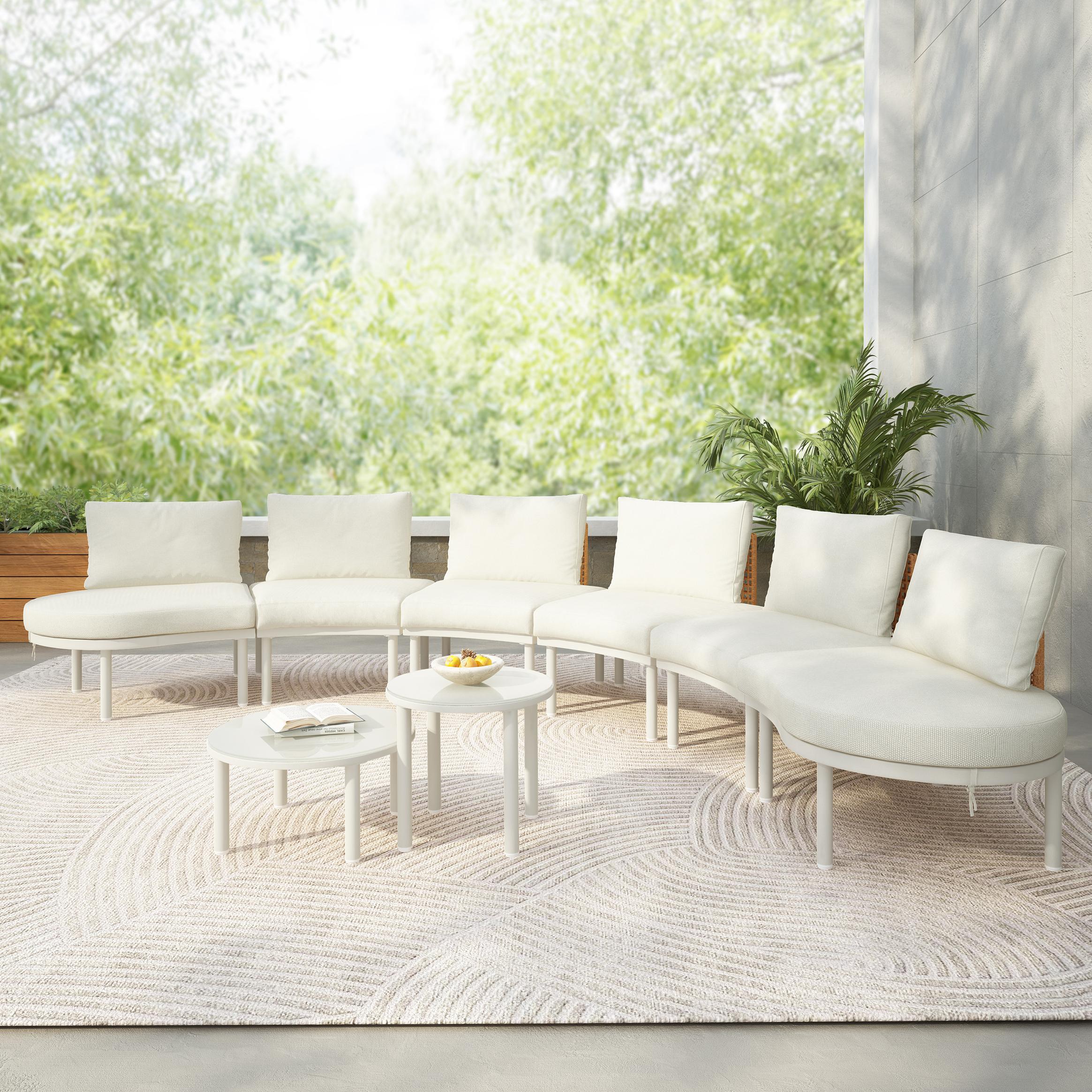 8-Piece Half Moon Patio Sectional with 2 Coffee Table & Cushion, PE Wicker Rattan Sofa Set for Poolside, 34.5'' L x 25.5'' W x 12.5'' H, Beige